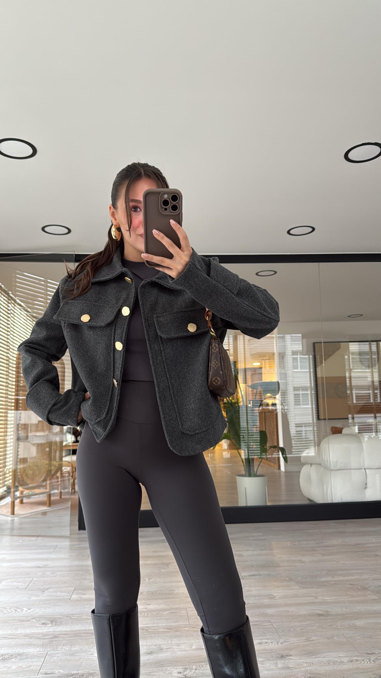 Antrasit Gold Düğmeli Kaşe Ceket