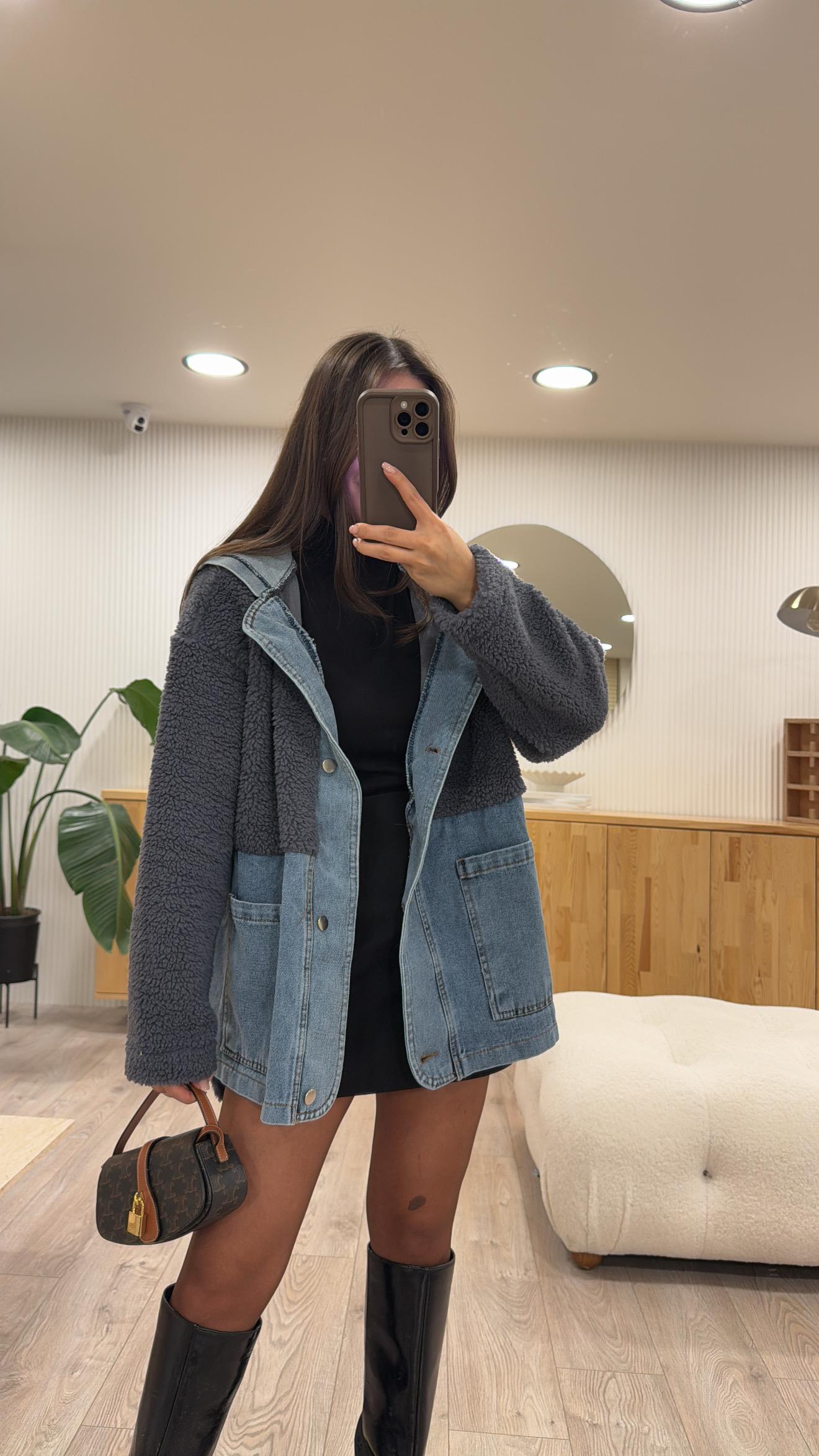 Antrasit Jean Detaylı Kapüşonlu Teddy Ceket