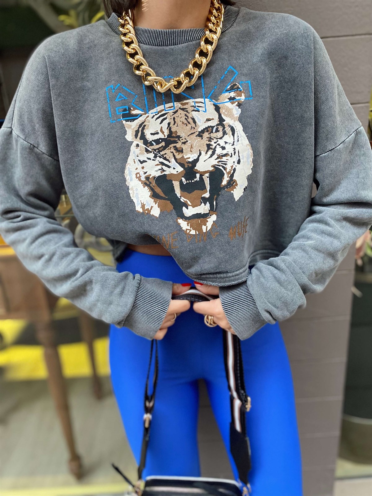 Antrasit Kaplan Baskılı Crop Sweat