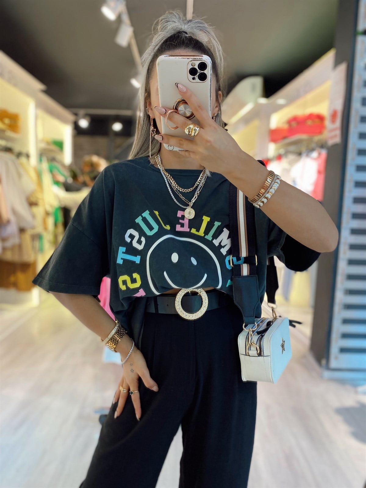Antrasit Smile Baskılı Eskitme Tshirt