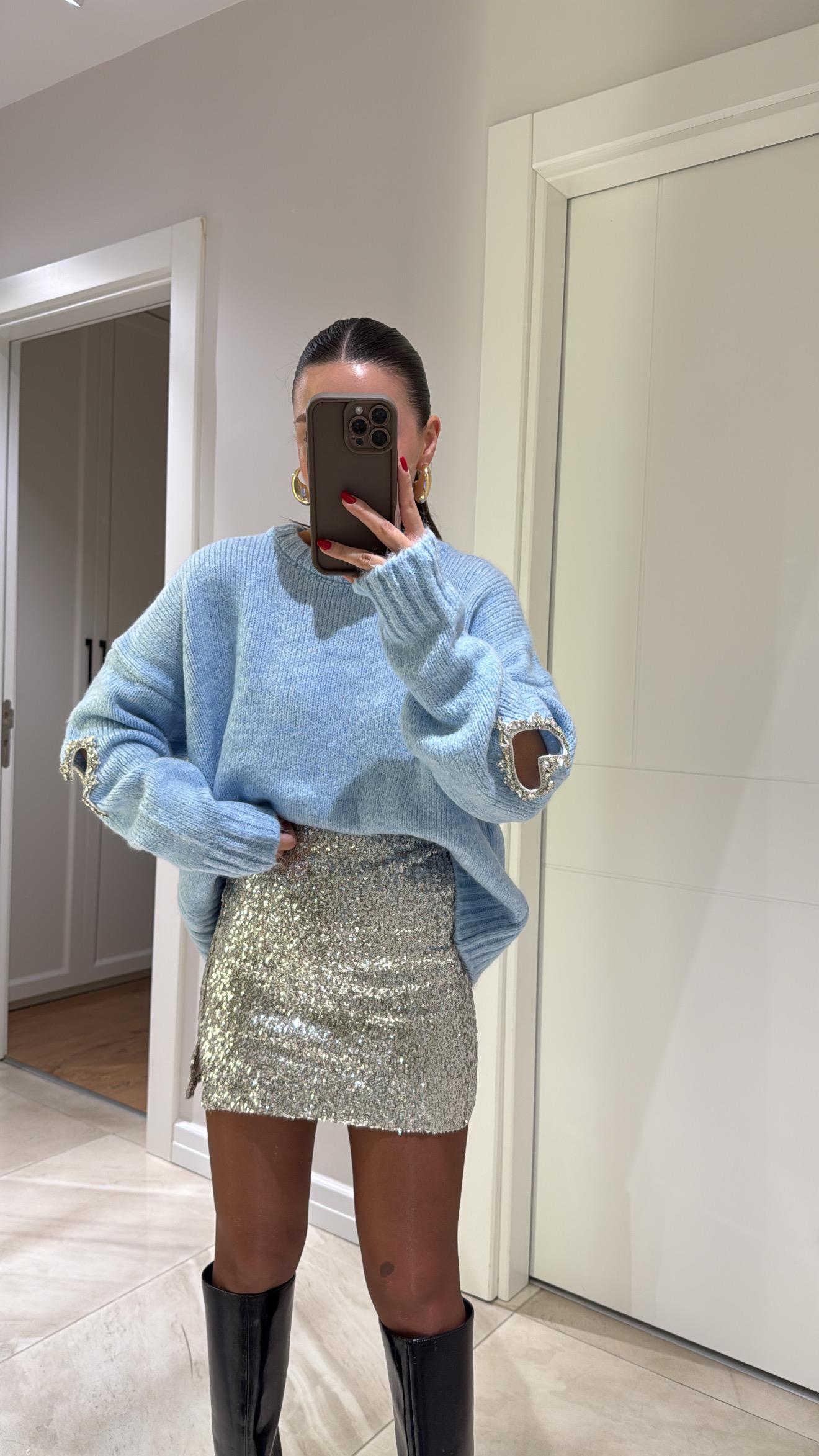 Bebe Mavi Kol Kalp Detaylı Triko Kazak