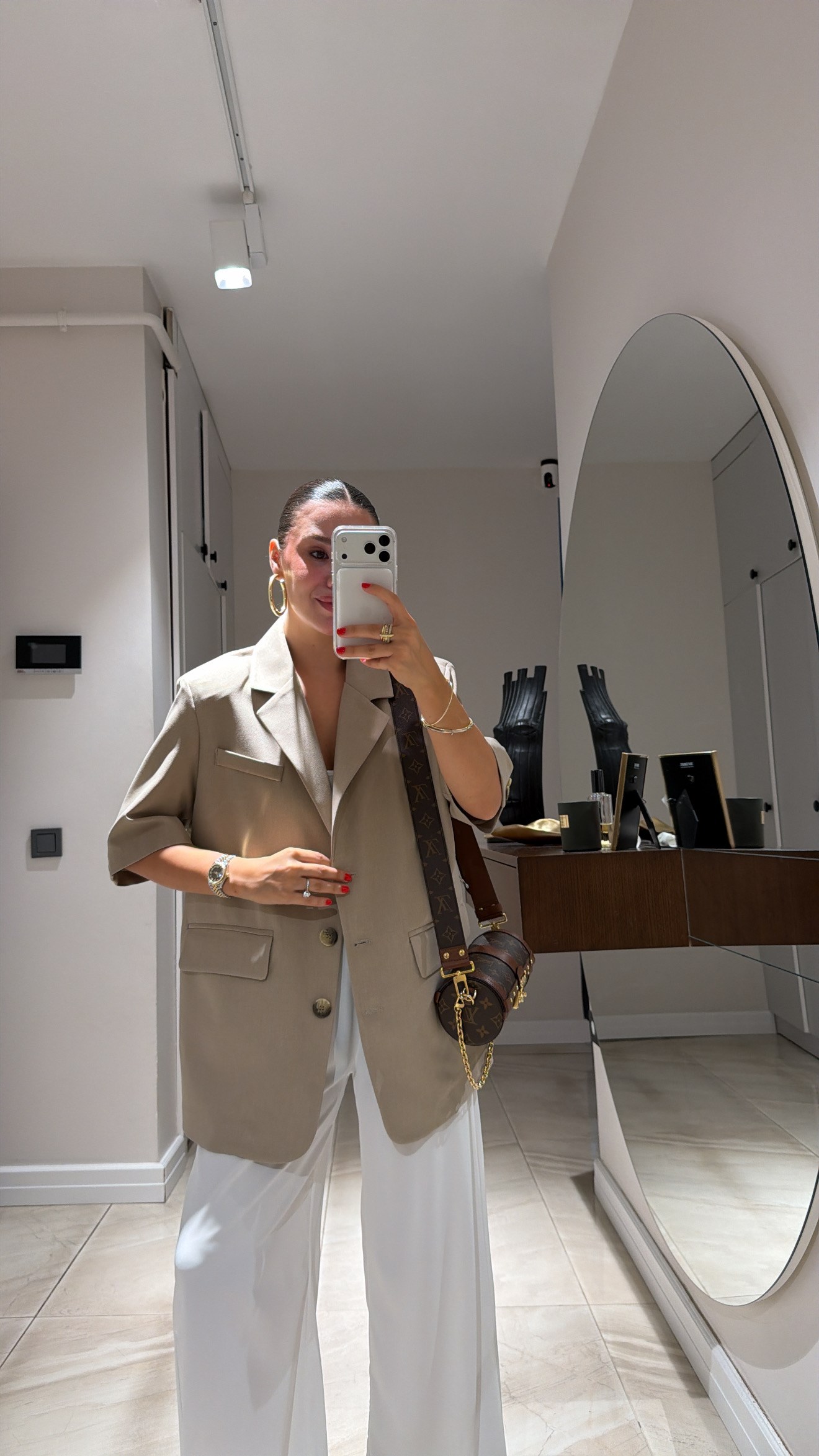 Bej Arka İğne Detaylı Kısa Kol Blazer Ceket 