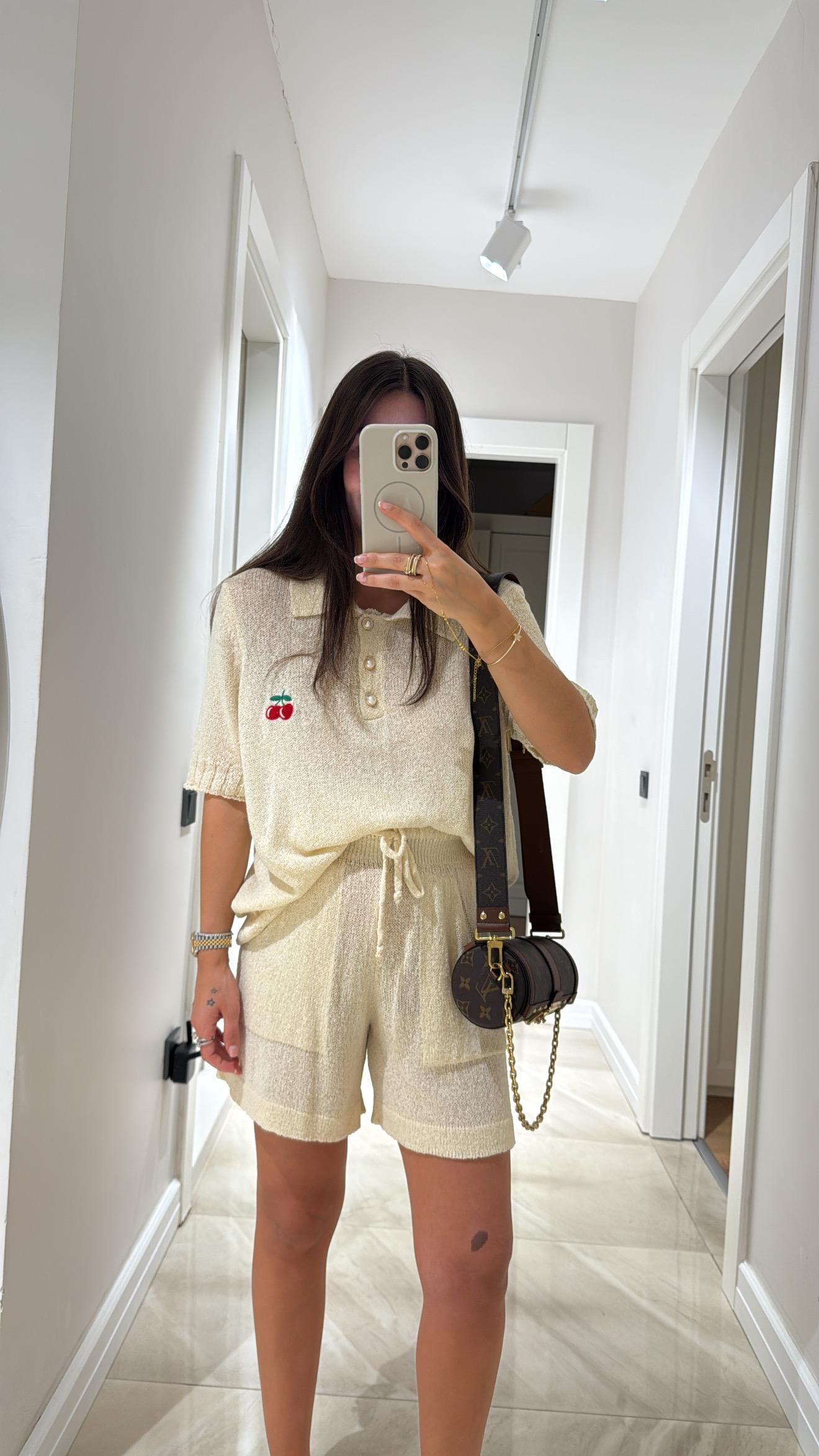 Bej Bel Lastikli Triko Şort 