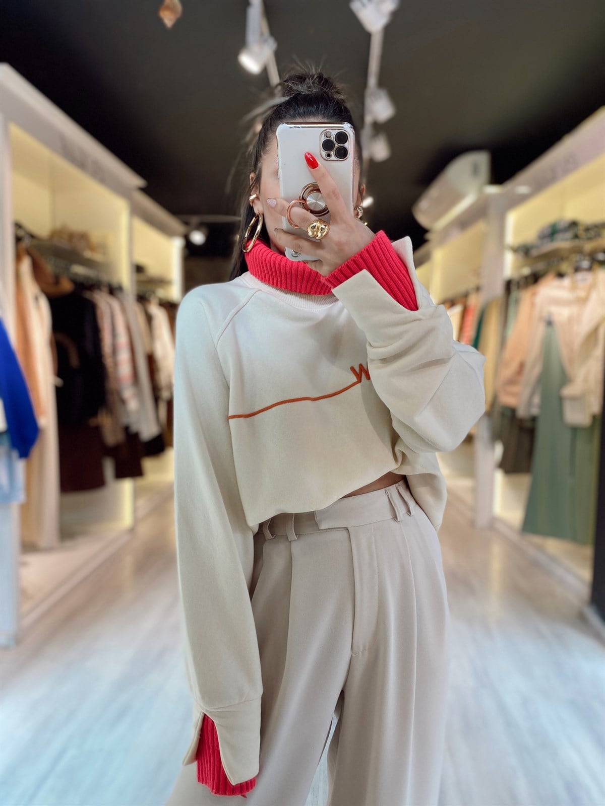Bej Fuşya Triko Detaylı Sweat