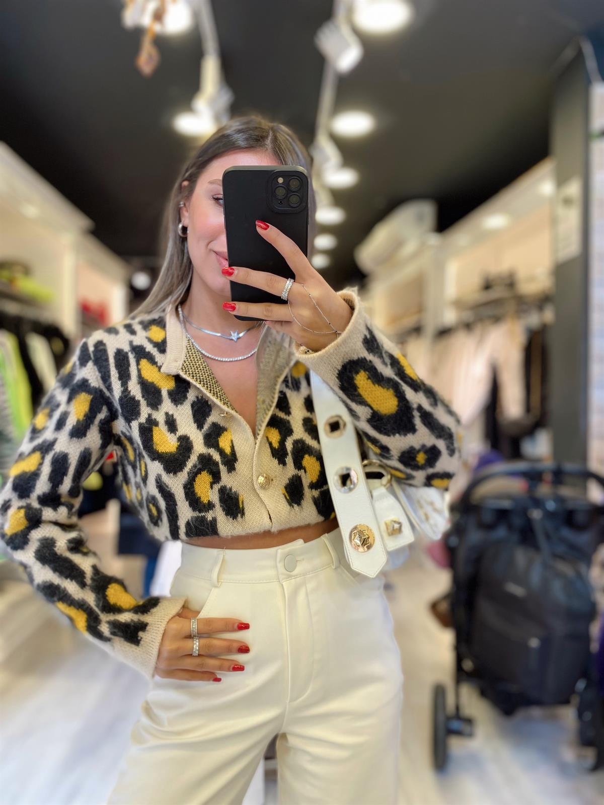 Bej Leopar Desenli Hırka 