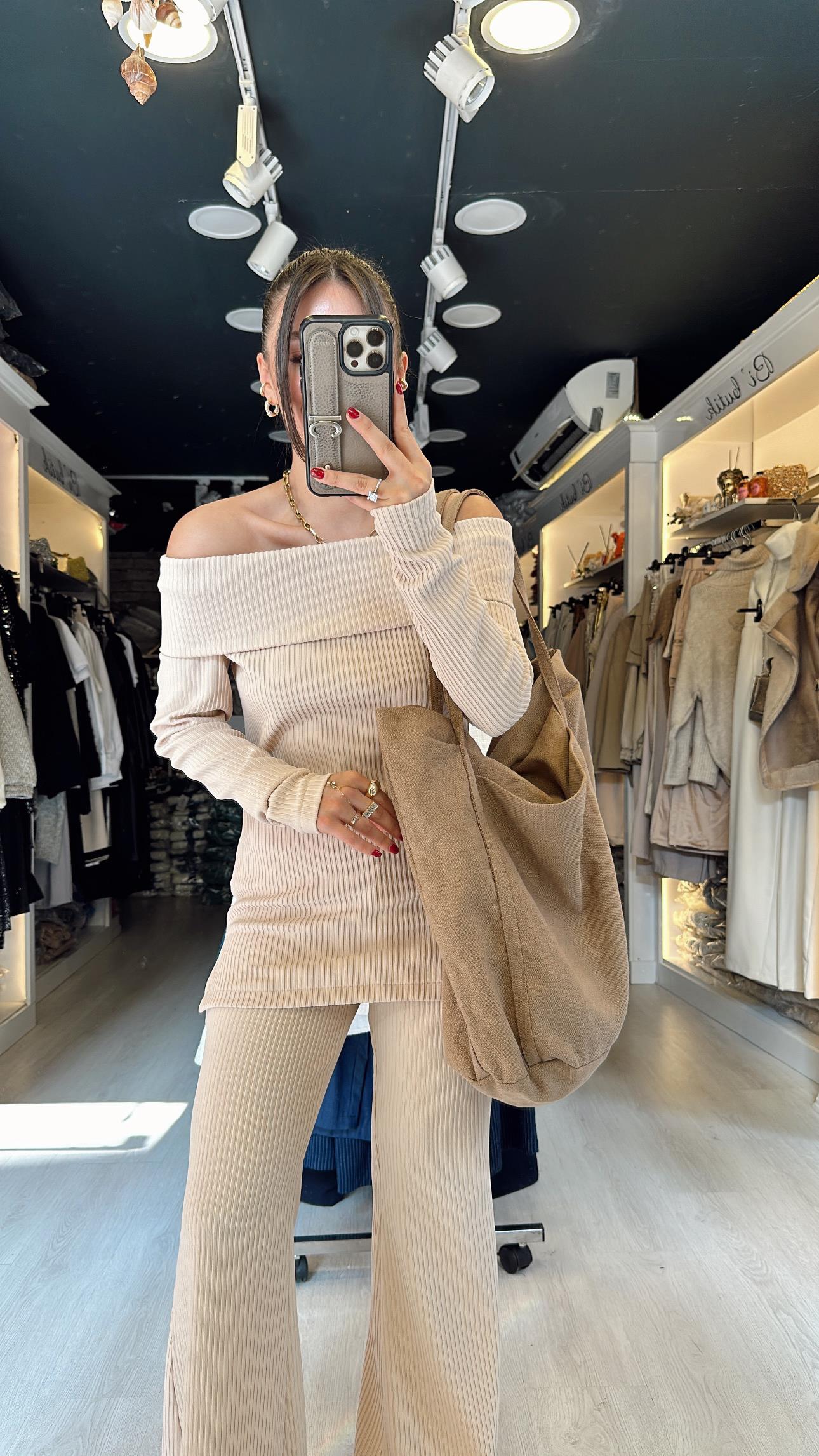 Bej Madonna Yaka İspanyol Paça Fitilli Takım 