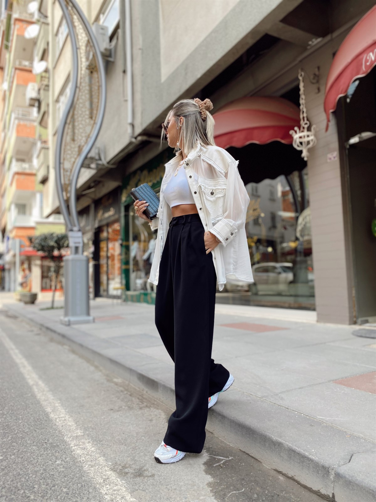 Beyaz Denim Detaylı Şifon Gömlek
