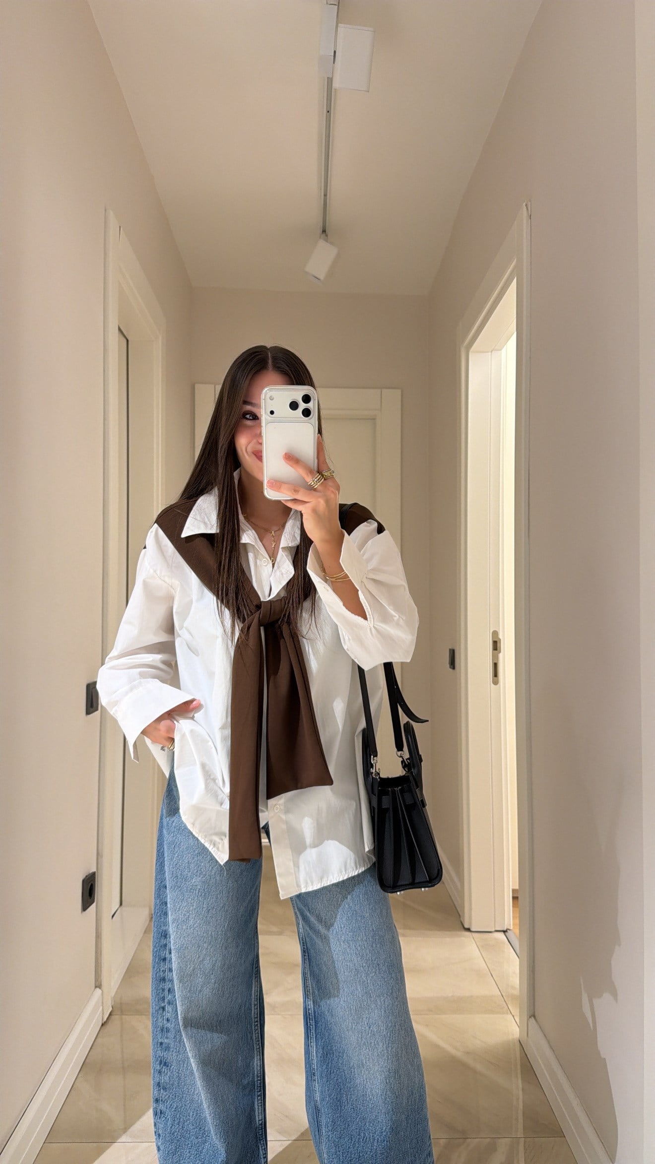 Beyaz Kahve Şal Bağlama Detaylı Gömlek