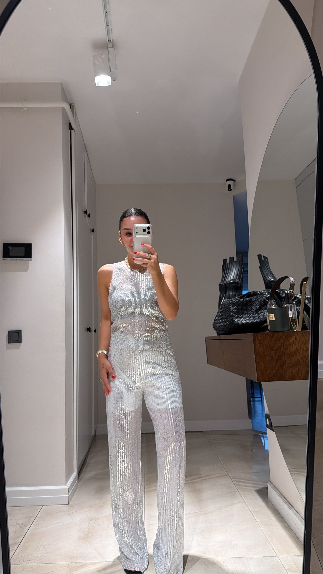 Beyaz Pullu Transparan Pantolon Takım