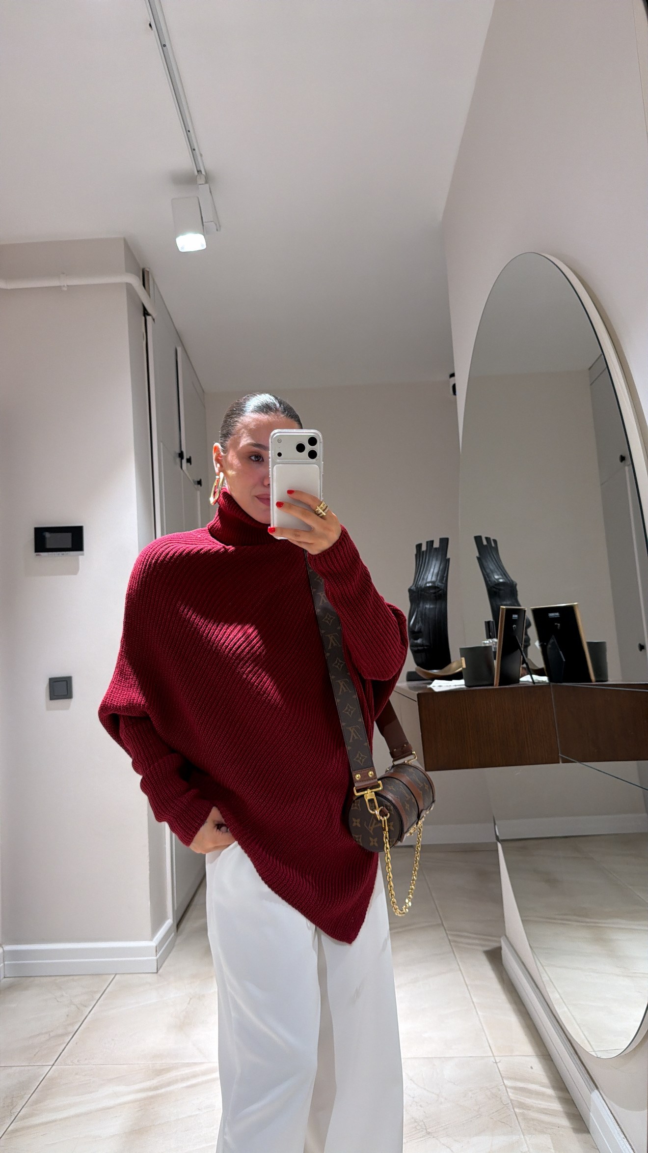 Bordo Balıkçı Yaka Asimetrik Triko Kazak 