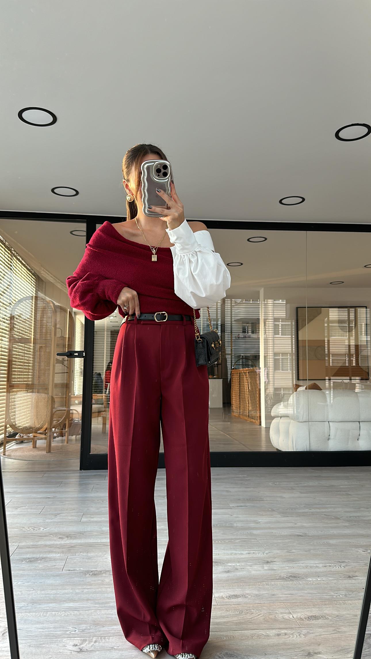 Bordo Bel Detaylı Premium Palazzo Pantolon