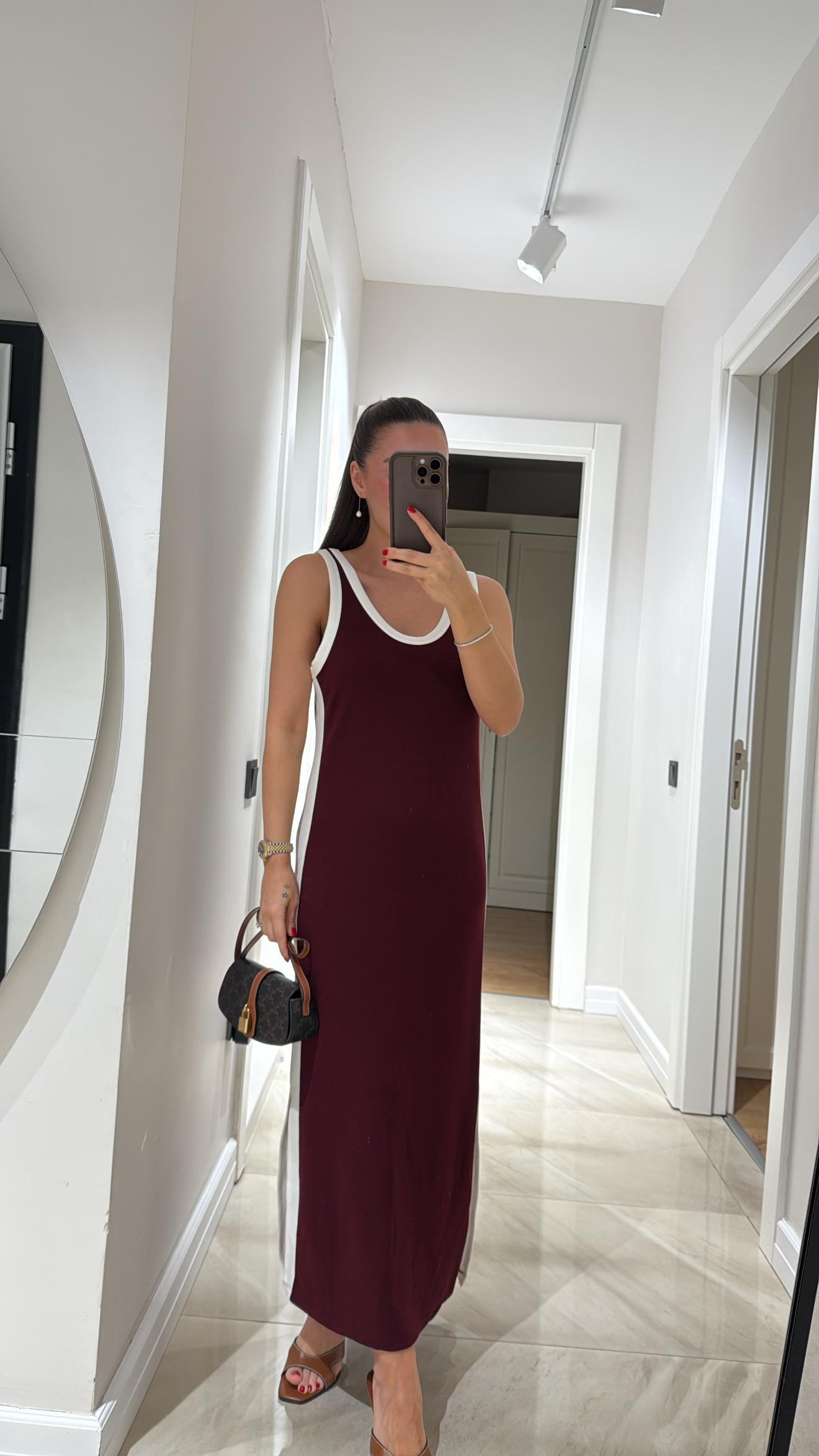 Bordo Beyaz Biyeli Marka Model  Yırtmaçlı Midi Boy Elbise