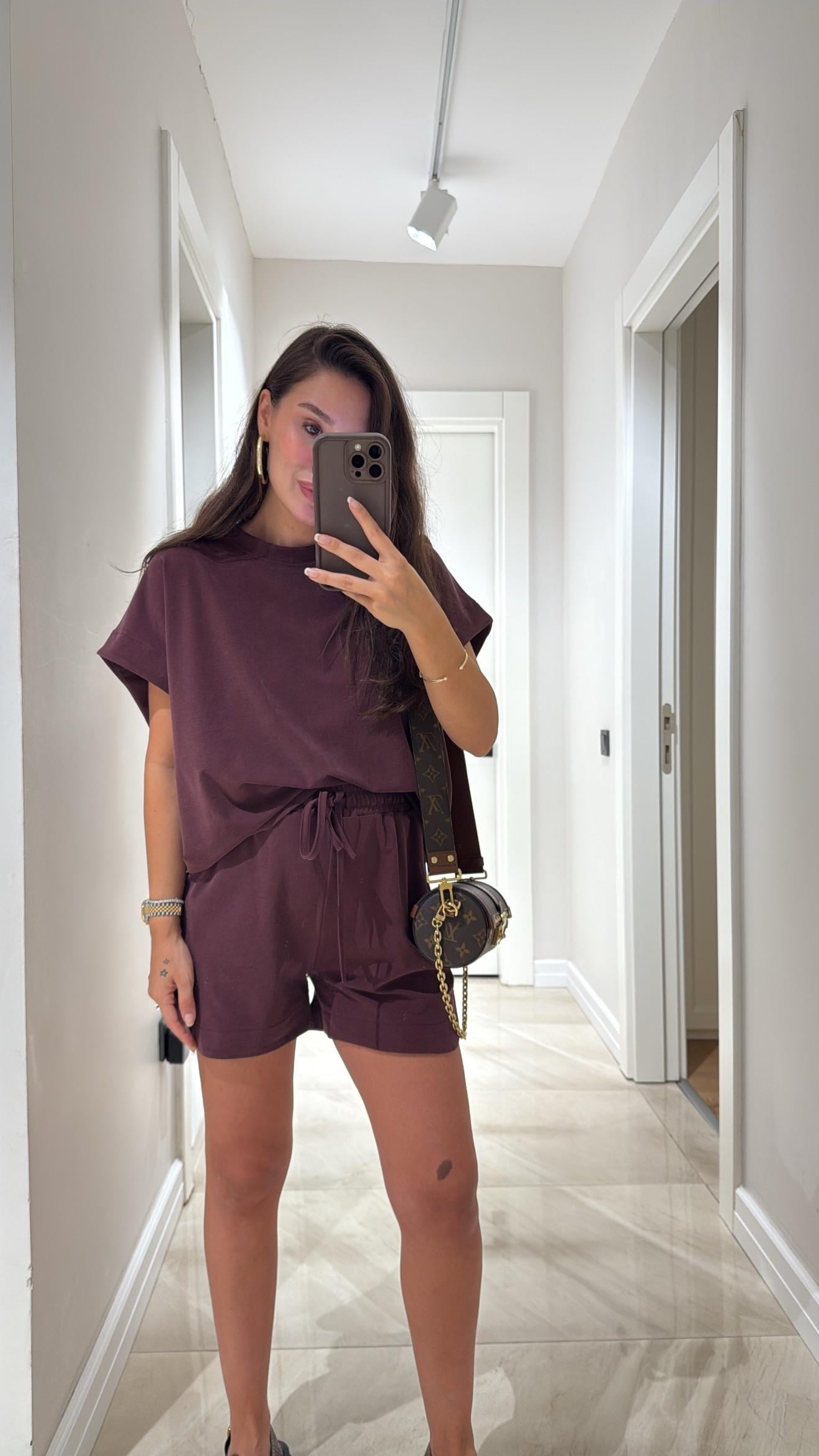 Bordo Bisiklet Yaka Modal Şort Takım