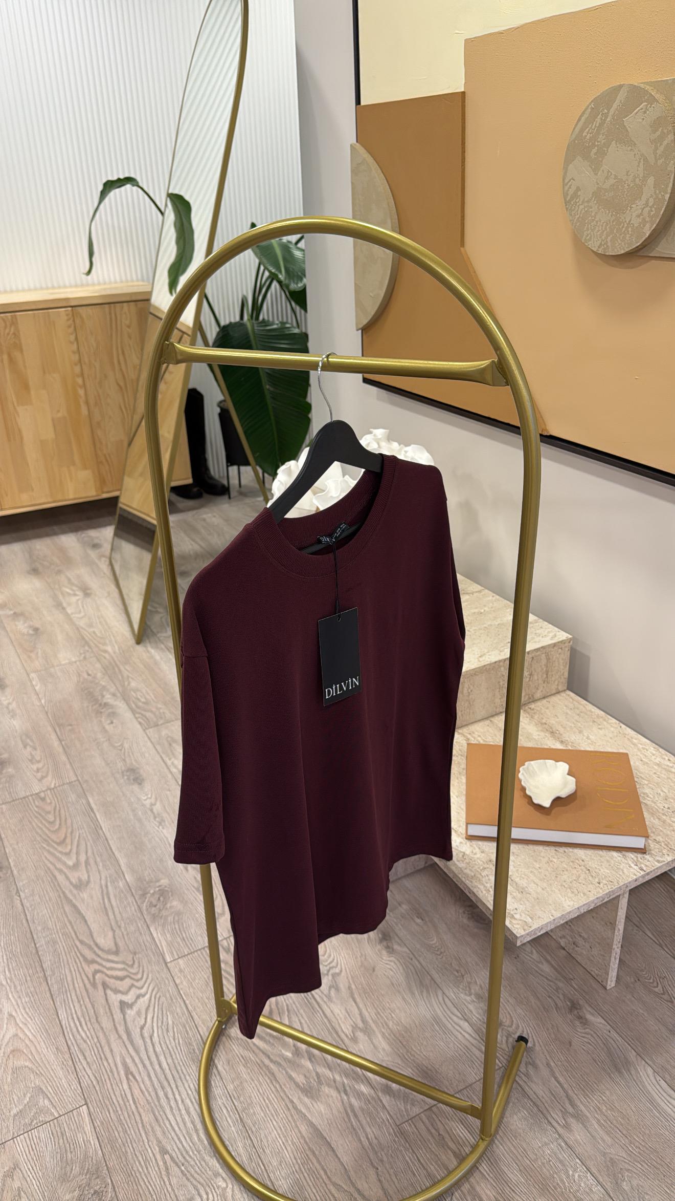 Bordo Dekoratif Dikişli Bisiklet Yaka Dilvin Tshirt