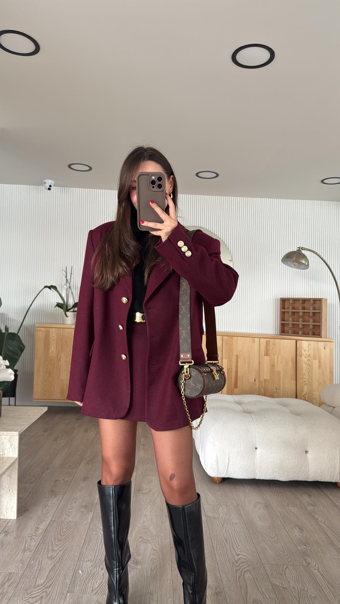Bordo Kemer Detaylı Kaşe Etekli Takım