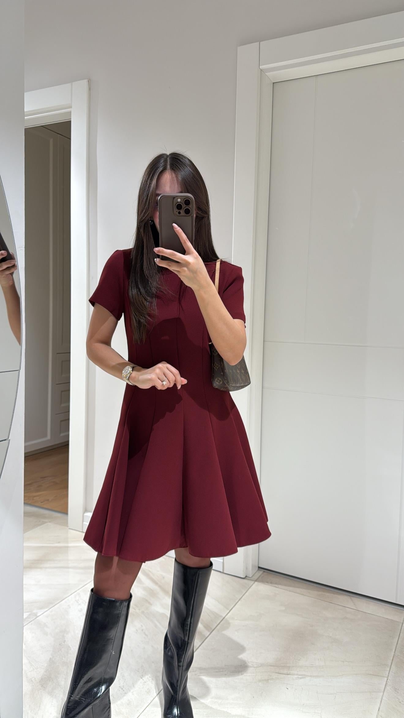 Bordo Kısa Kol Parçalı Kloş Elbise
