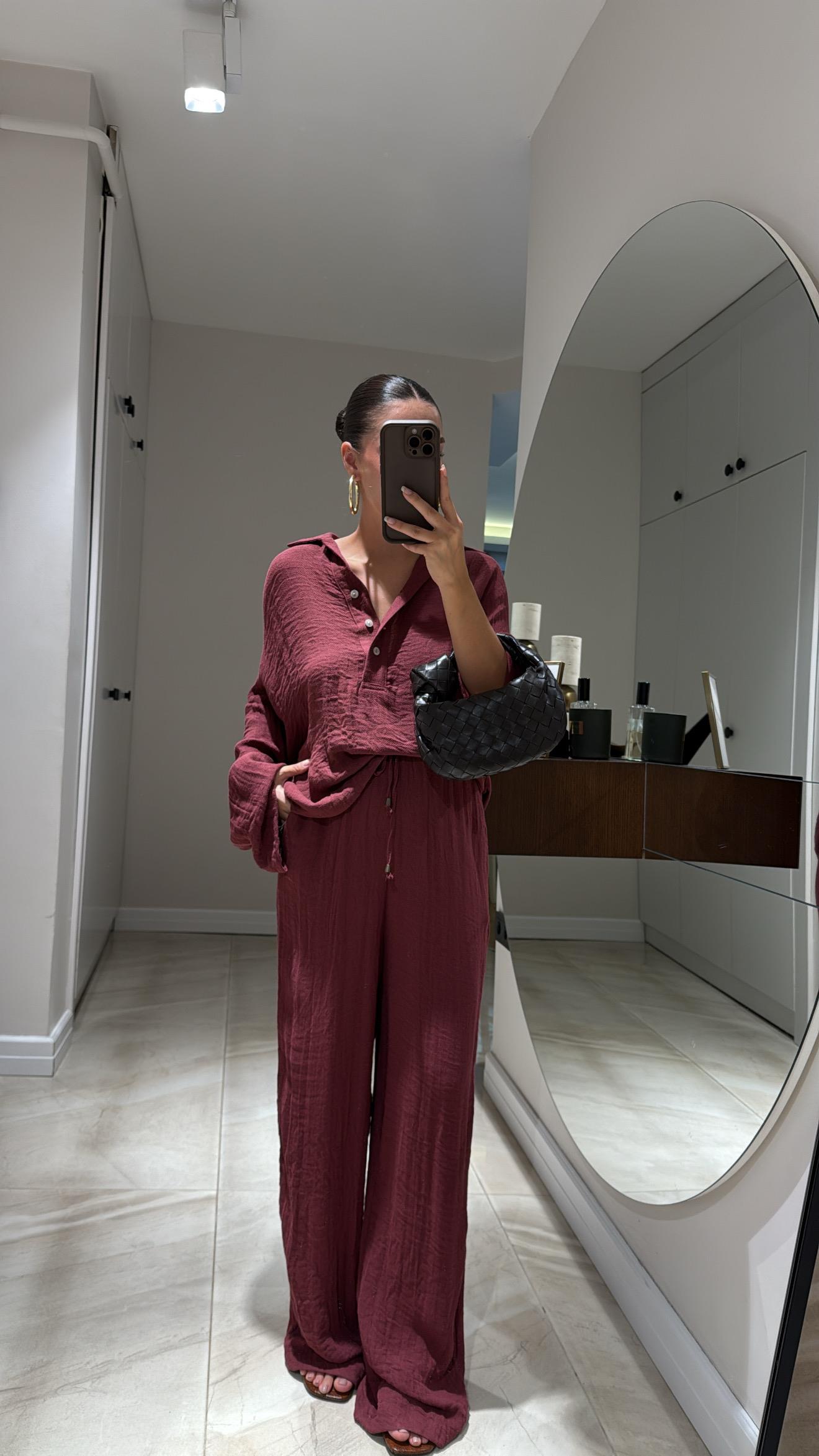 Bordo Polo Yaka Premium Keten Takım 