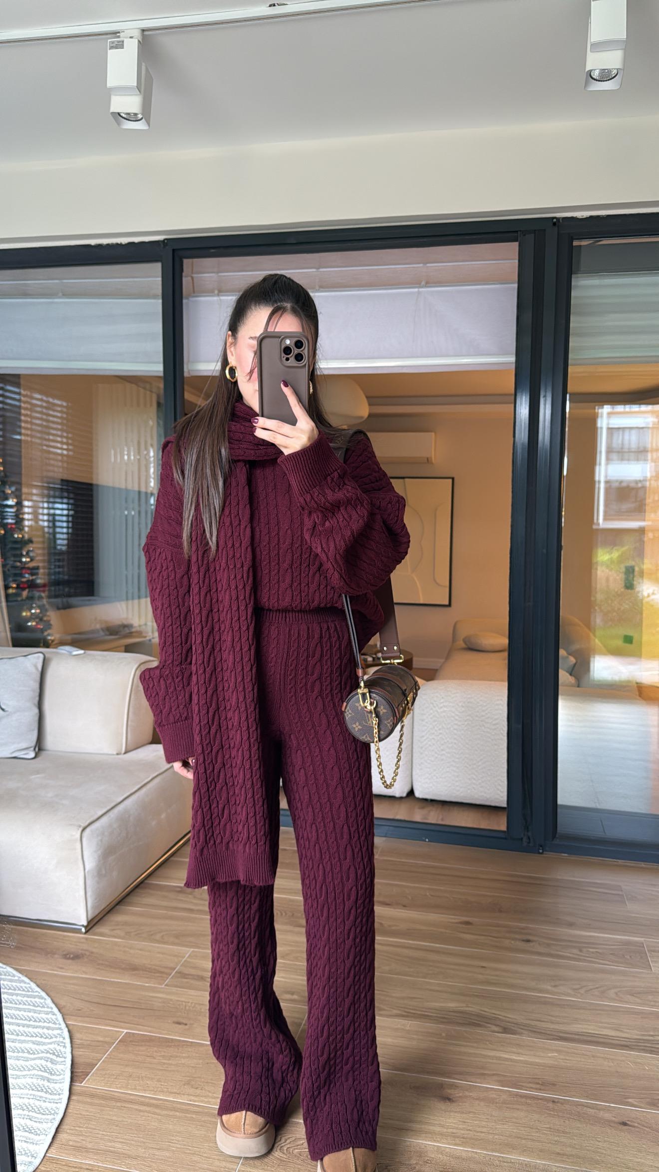 Bordo Saç Örgülü Pantolonlu Takım 