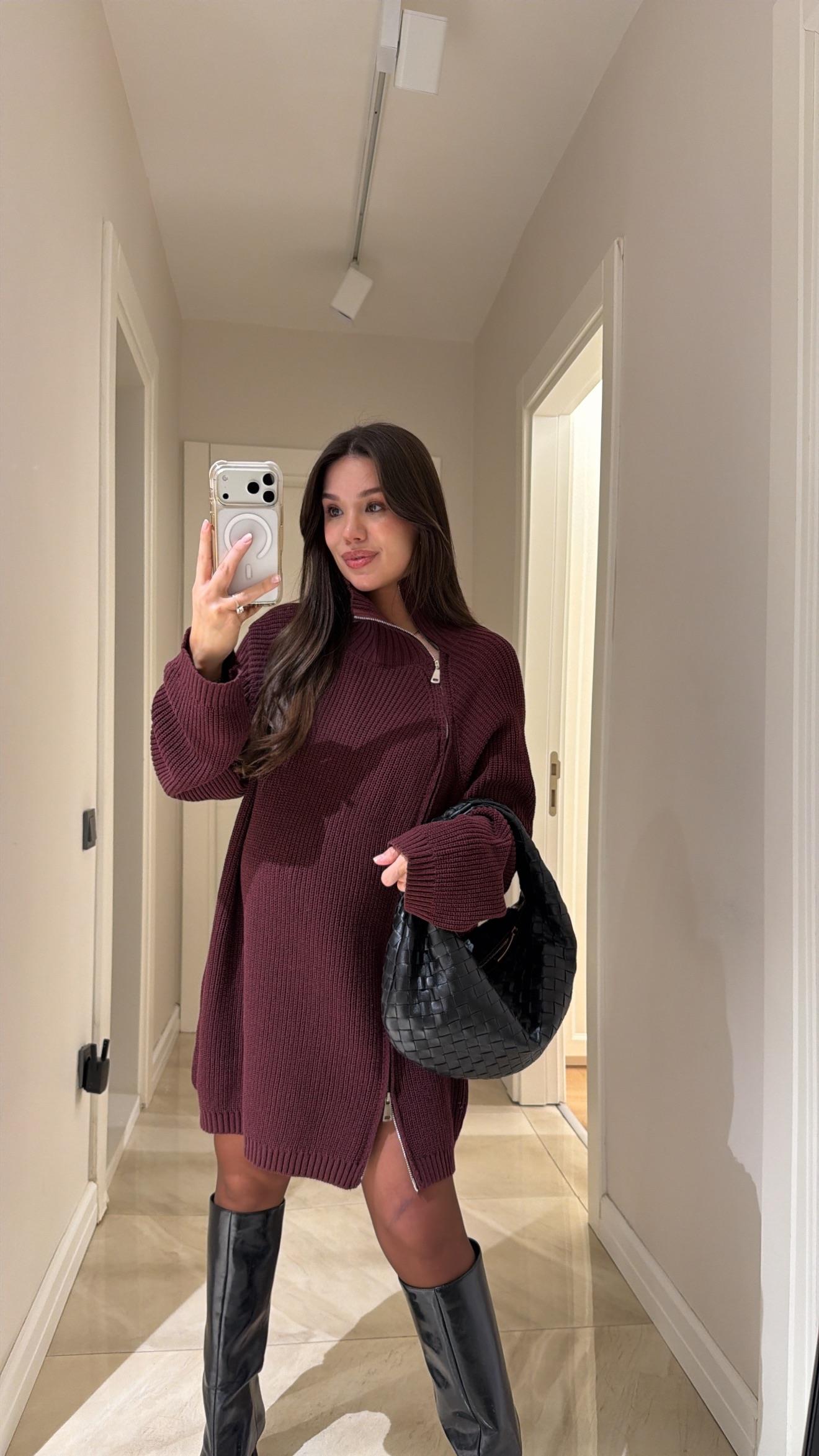 Bordo Yan Fermuarlı Triko Hırka 