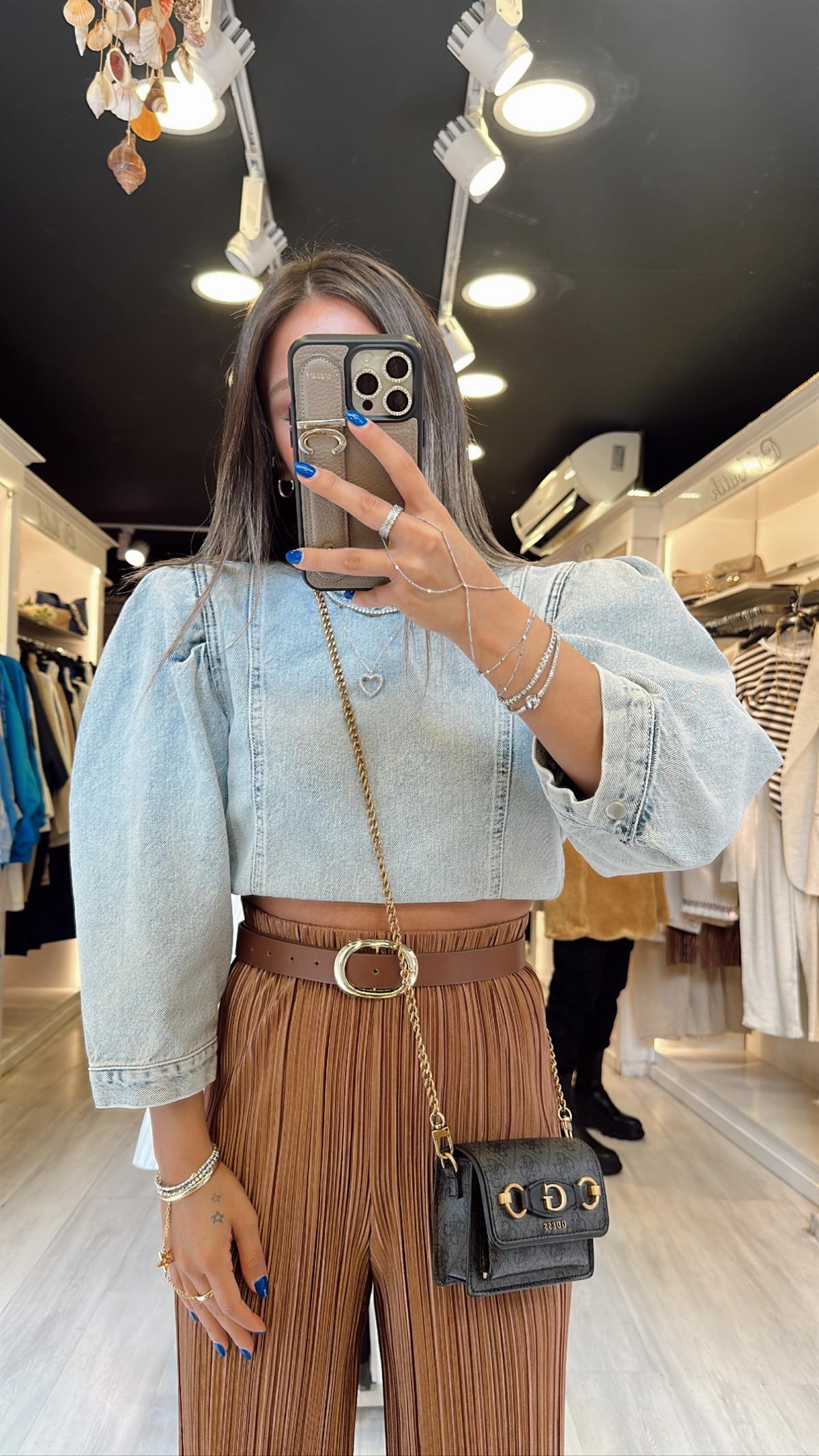 Buz Mavi Balon Kol Arka Fermuarlı Jean Bluz 