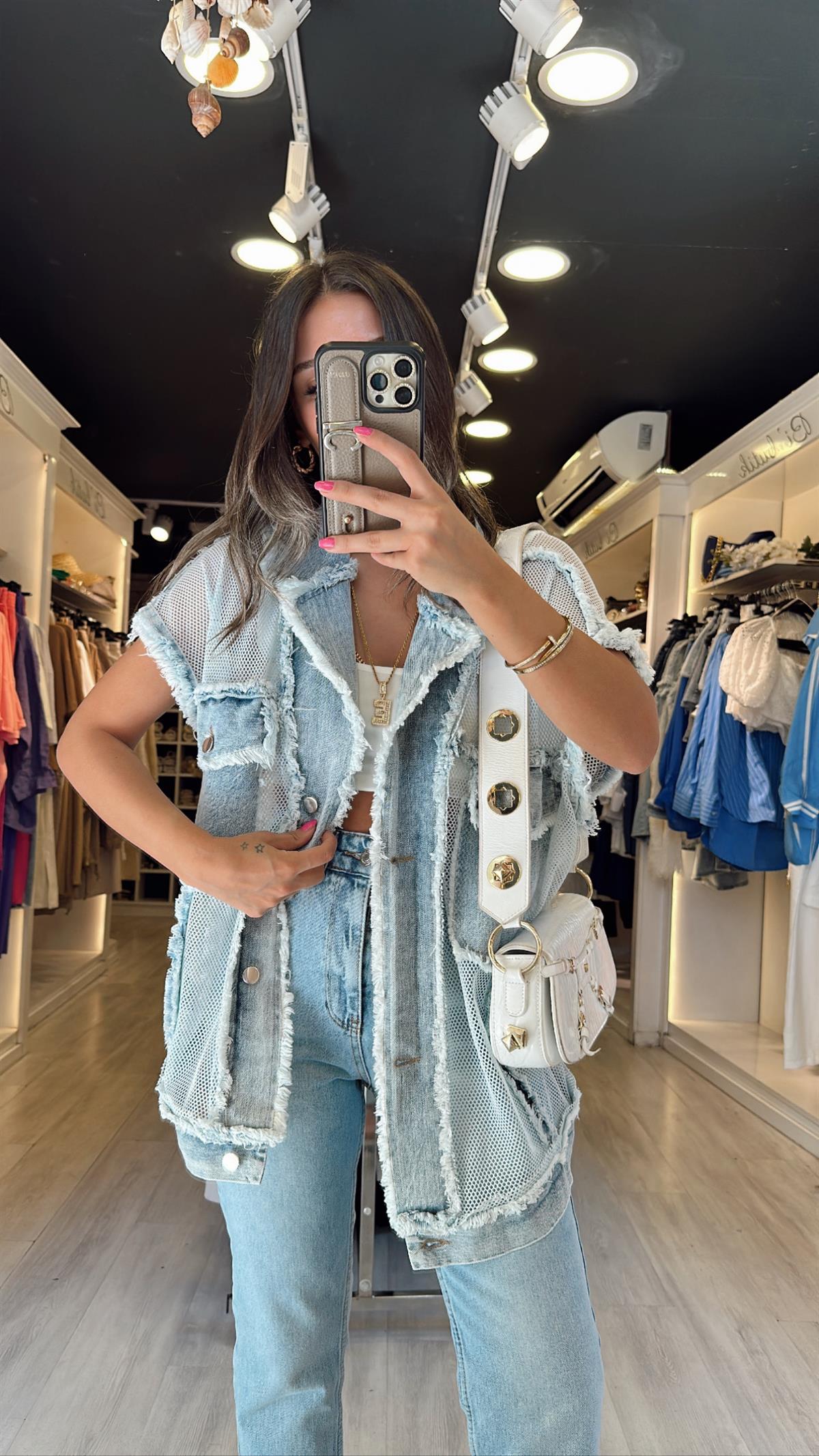 Buz Mavi Jean Detaylı File Yelek 