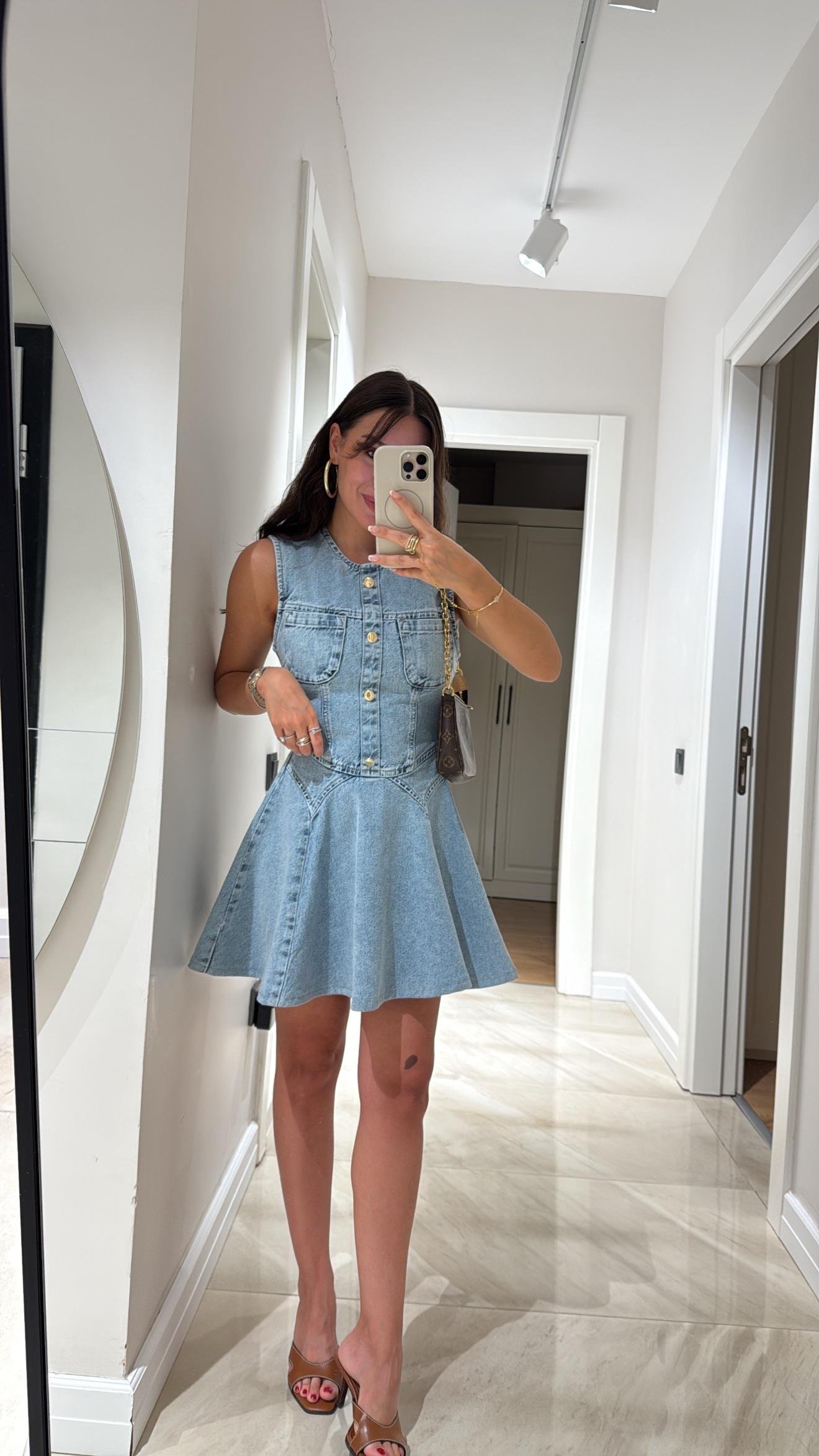 Buz Mavi Sıfır Kol  Denim Elbise
