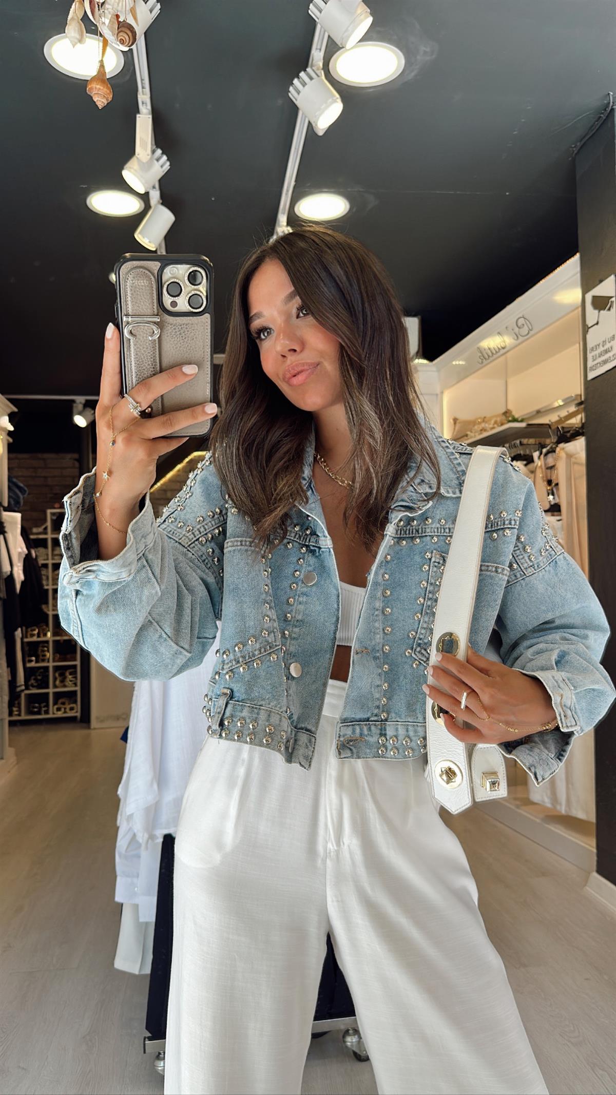 Buz Mavi Zımbalı Crop Jean Ceket 
