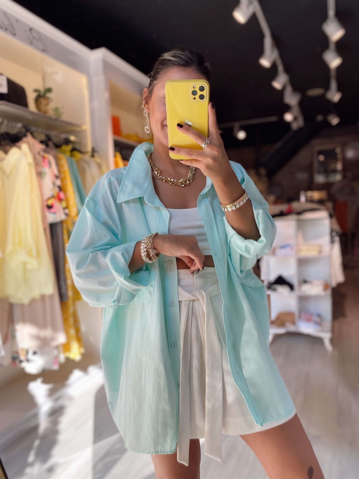 Buz Mavisi Düşük Omuzlu Oversize Gömlek