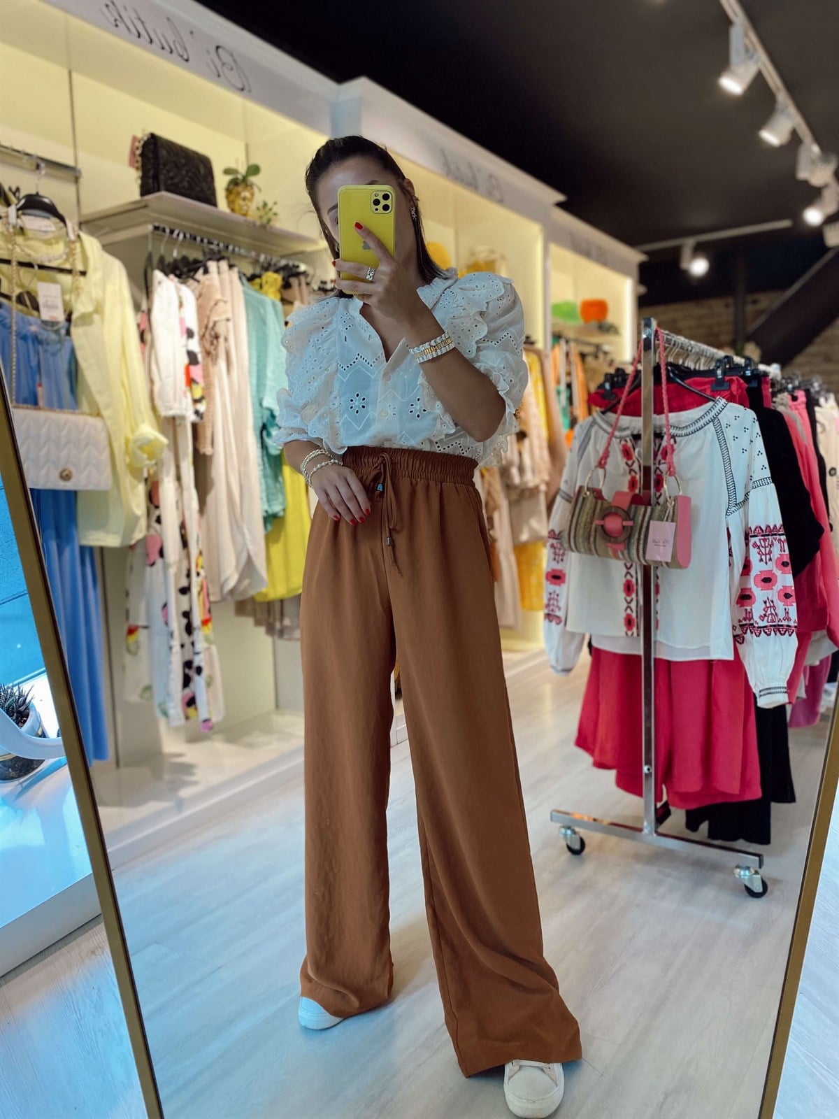 Camel Beli Lastikli Saten Bol Pantolon