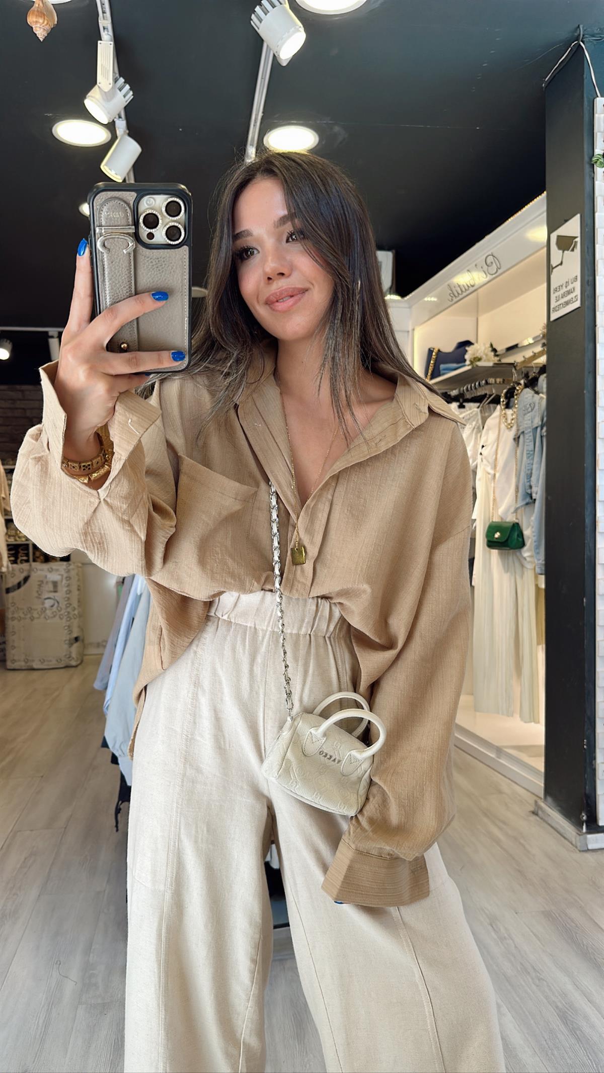Camel Çizgi Detaylı Tek Cepli Gömlek 