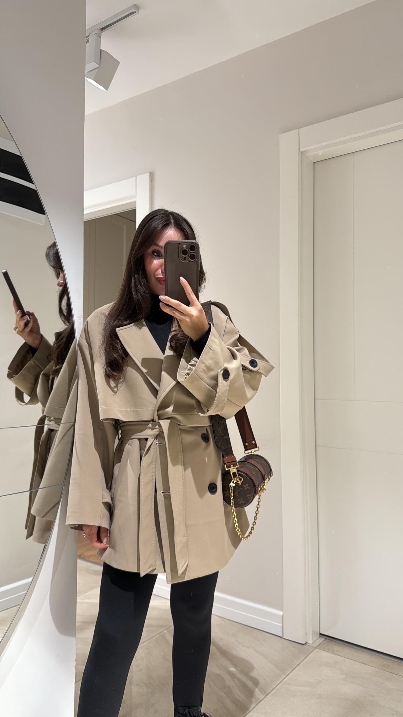 Camel Kuşaklı Oversize Kısa Trenç