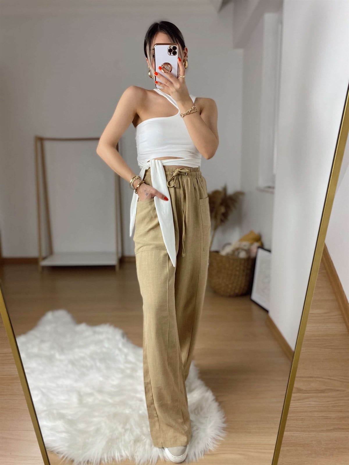 Camel Rengi Üstten Cepli Bol Paça Pantolon