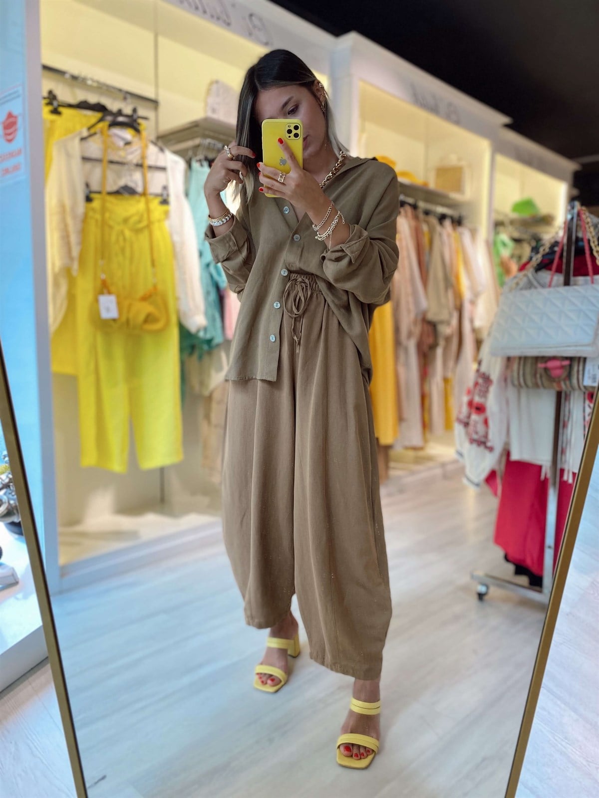 Camel Renk Keten Şalvar Pantolon