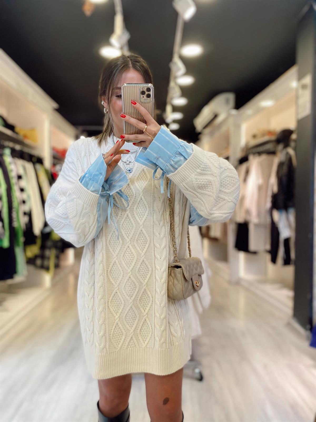 Ekru Bebe Mavi Kolları Gömlek Detaylı Kazak 