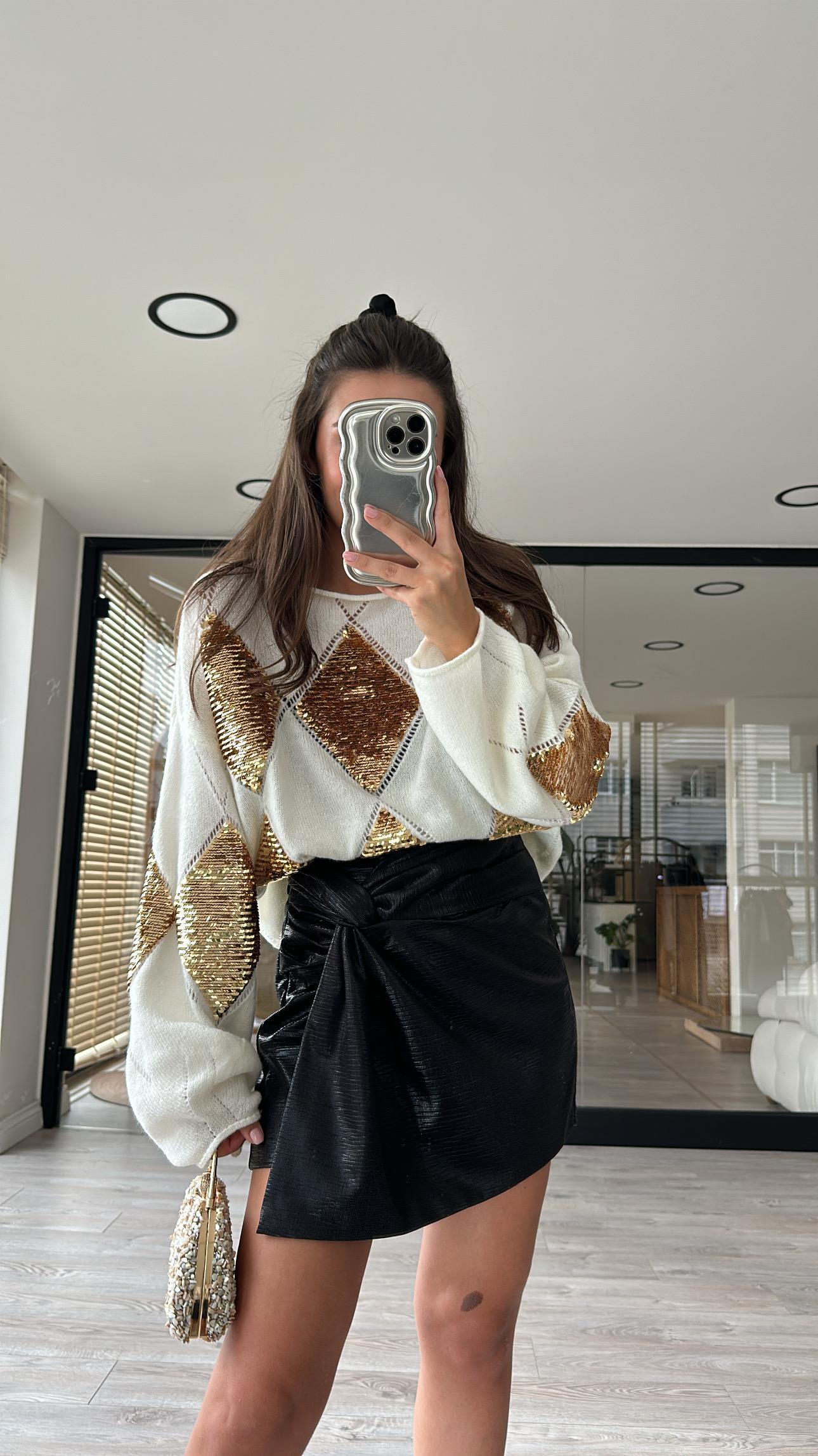Ekru Gold Pullu Oversize Kazak