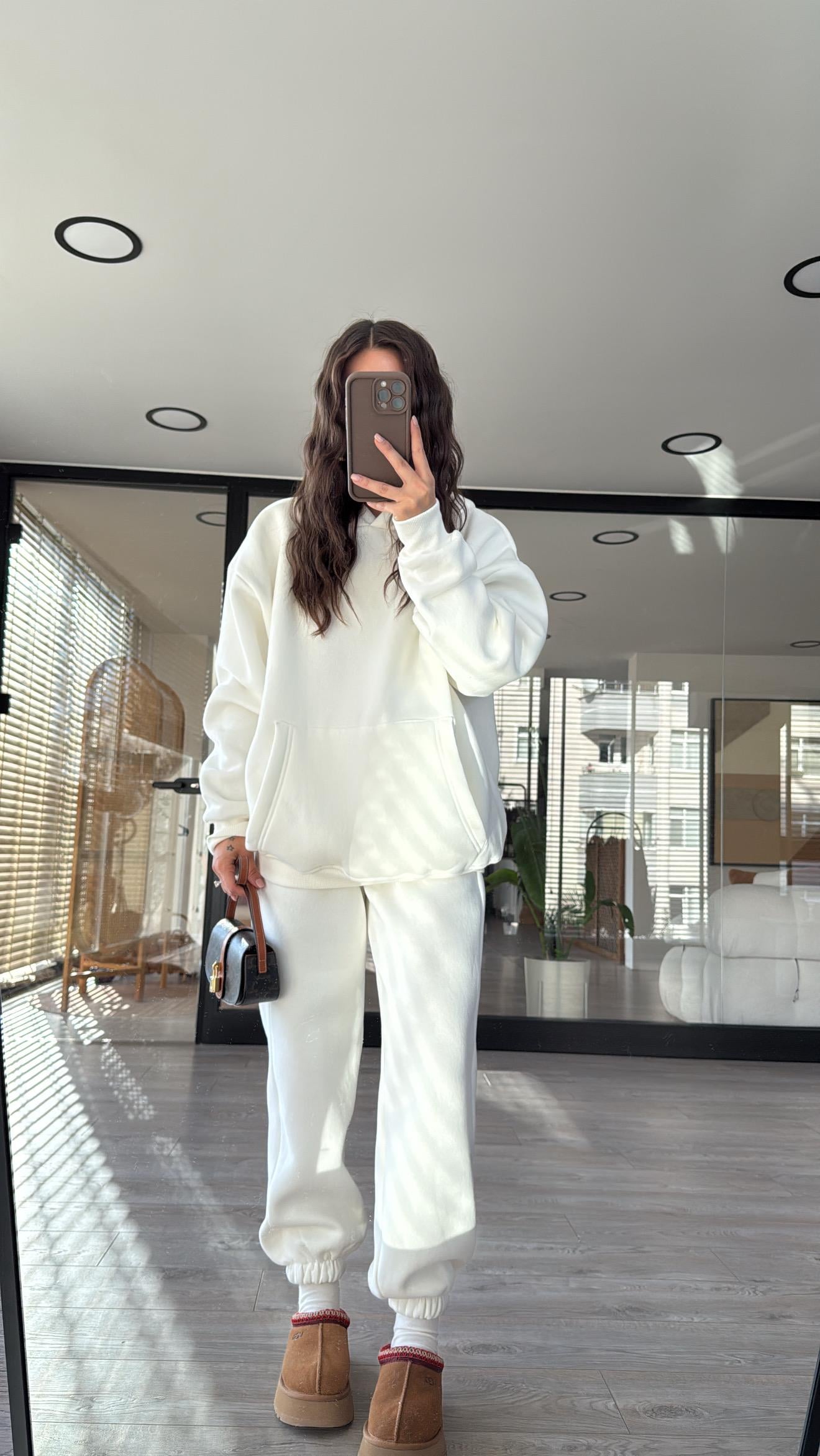 Ekru Kapüşonlu Marka Model Sweat Takım