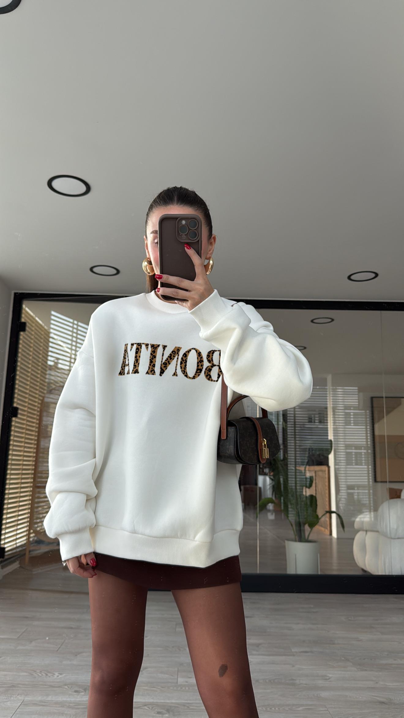 Ekru Leopar Bonita Yazılı Sweat
