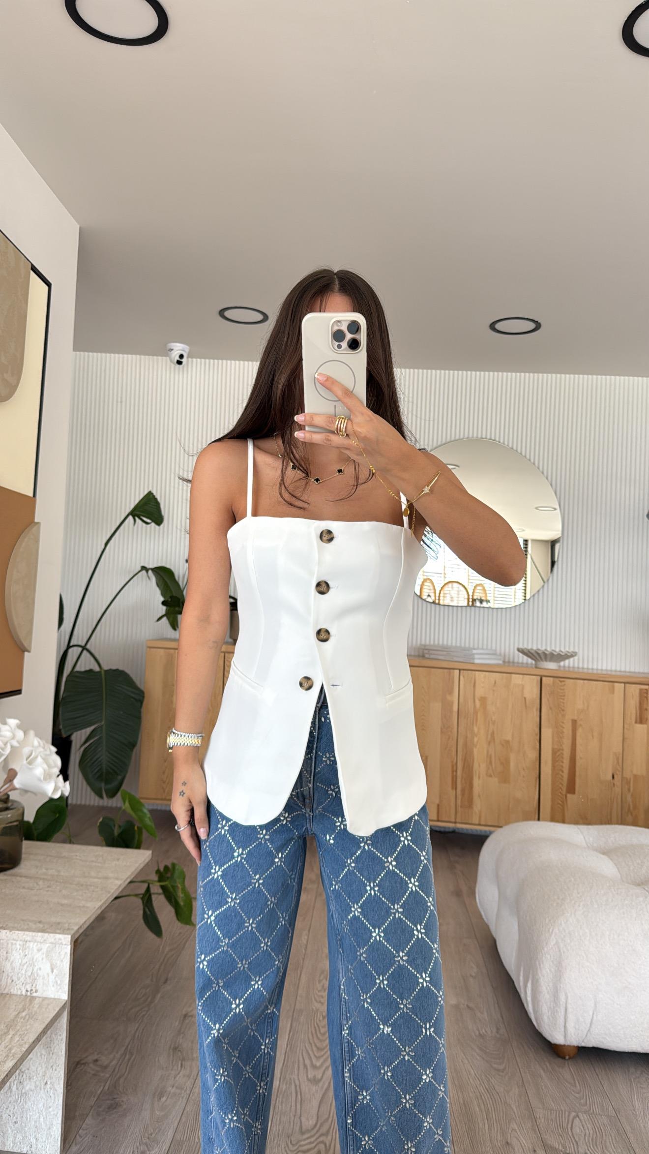 Ekru Ön Düğmeli İp Askılı Marka Model Yelek