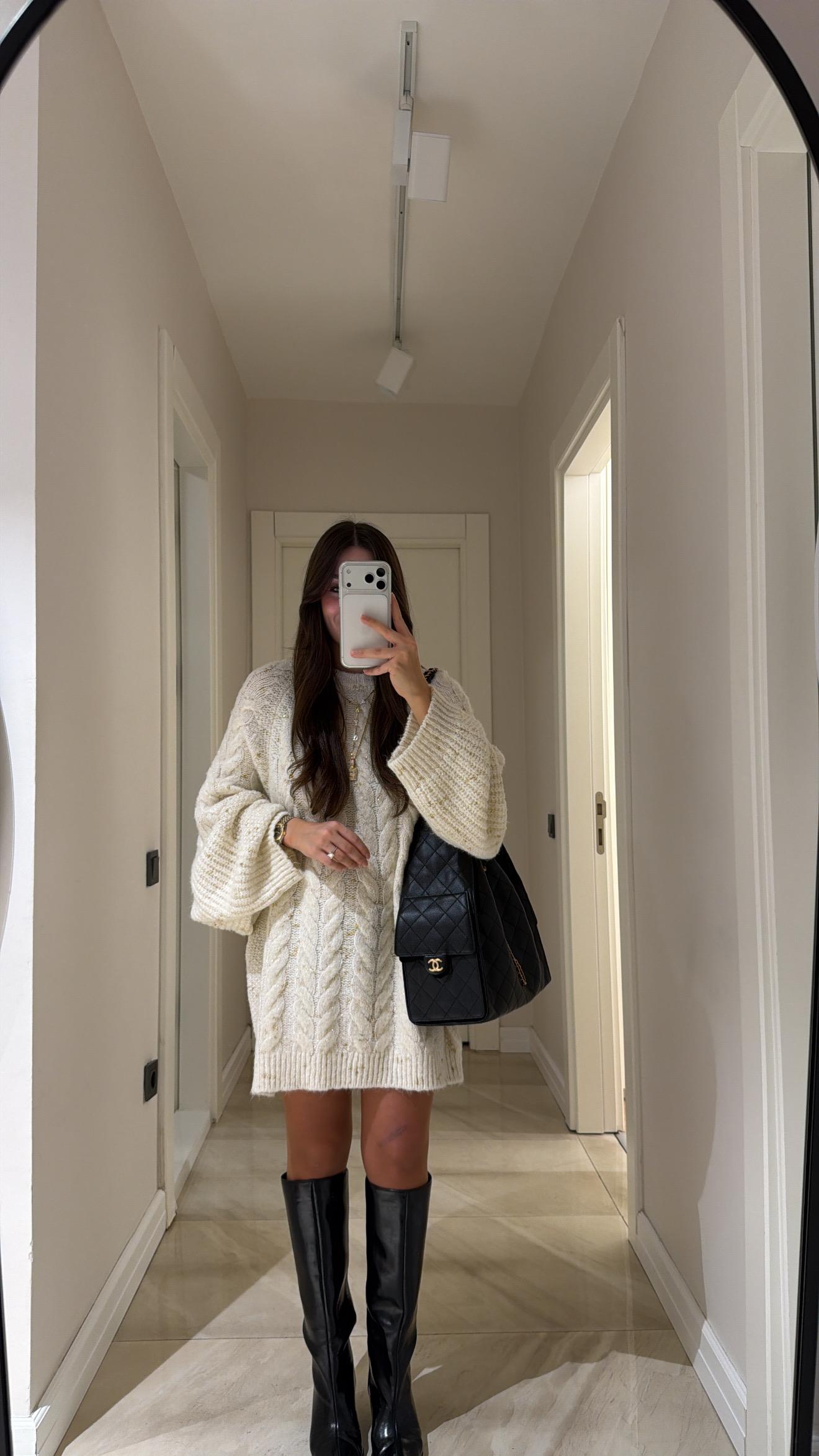 Ekru Sim Detaylı Örgülü Salaş Kazak