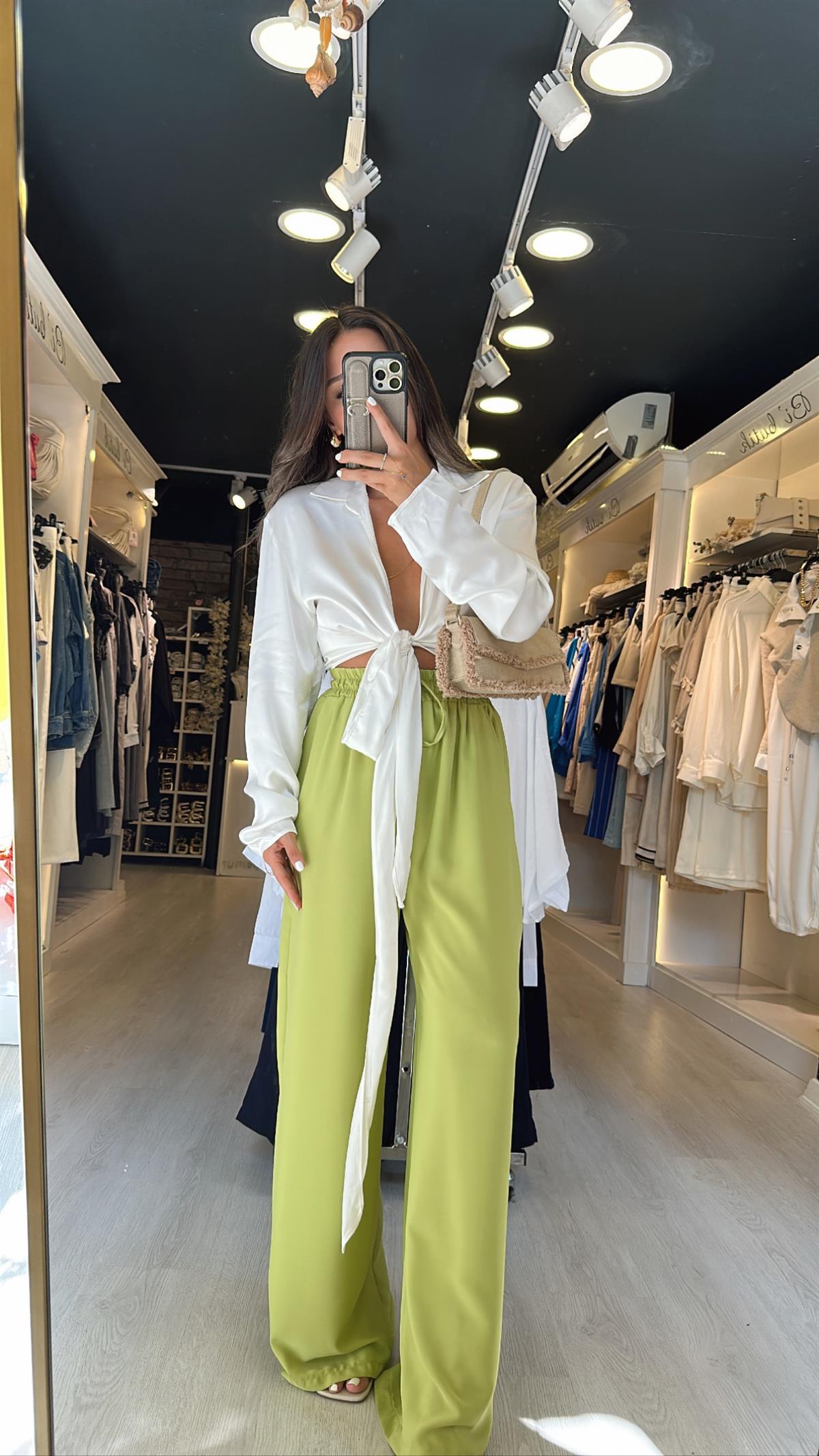 Fıstık Yeşili Bel Lastikli Saten Bol Pantolon