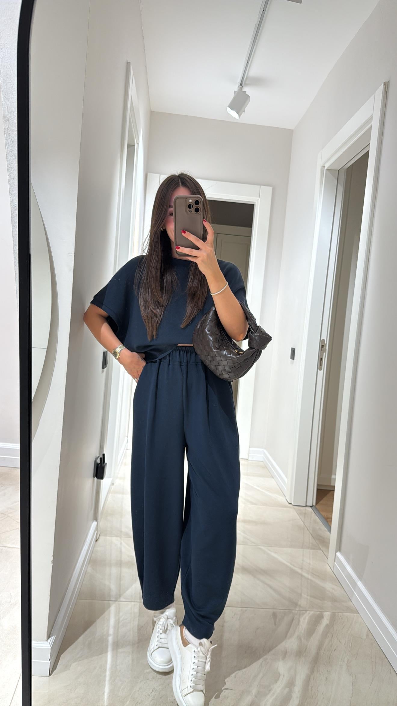 Füme Bisiklet Yaka Modal Şalvar Pantolon Takım