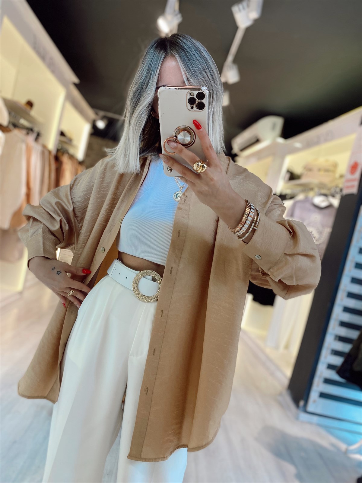 Gold Rengi Oversize Simli Gömlek