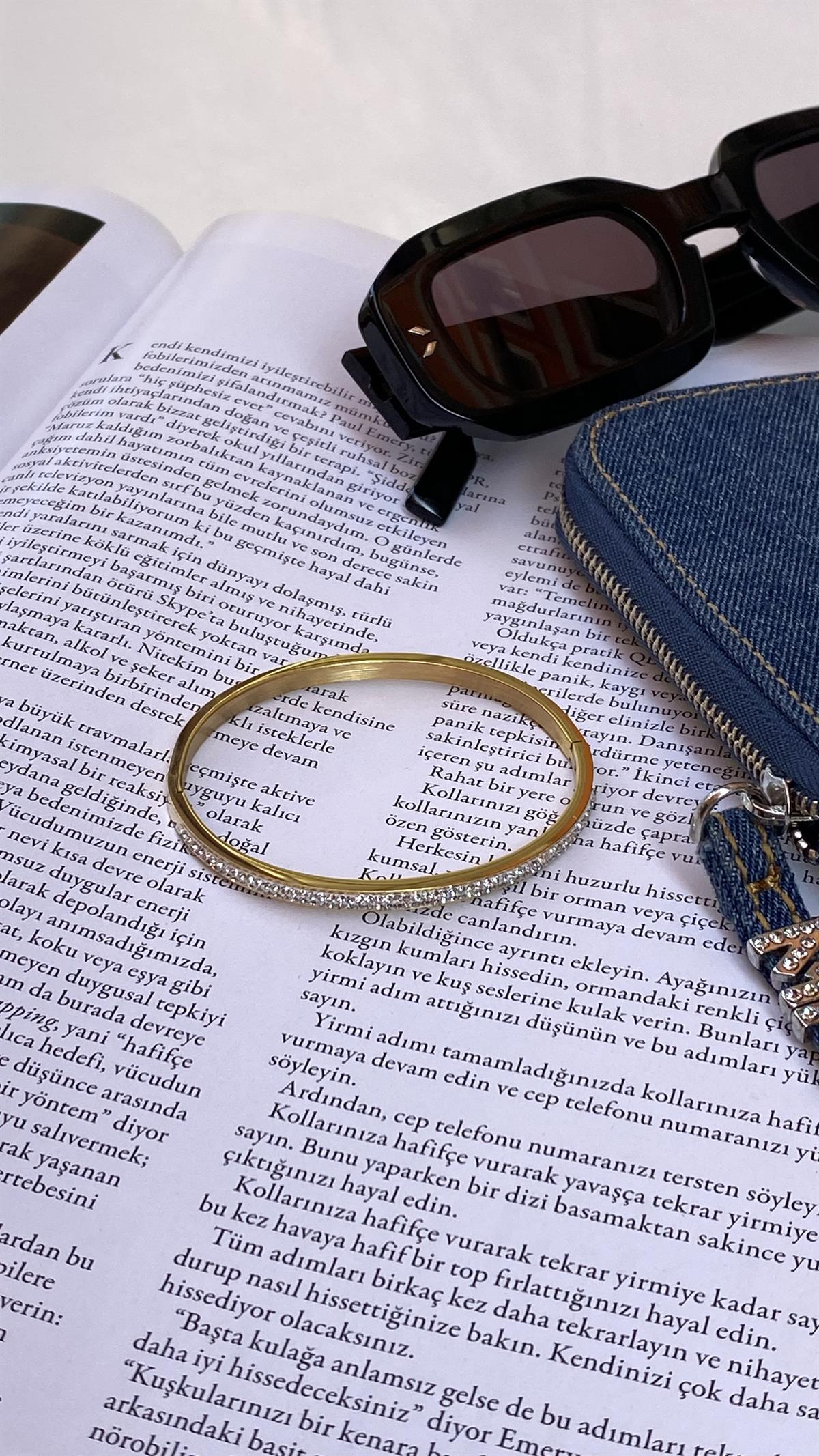 Gold Taşlı Kelepçe Çelik Bileklik