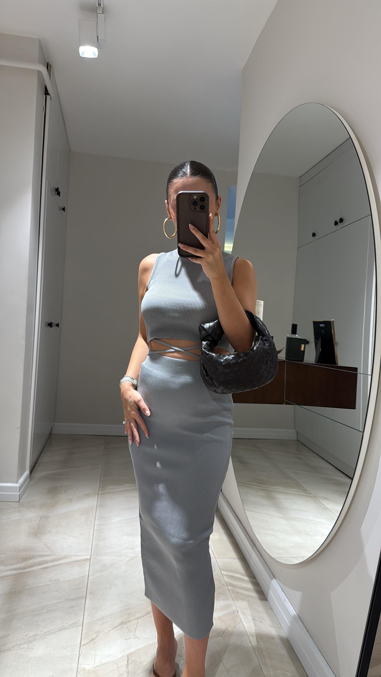 Gri Bel Bağlamalı Fitilli Etek Takım