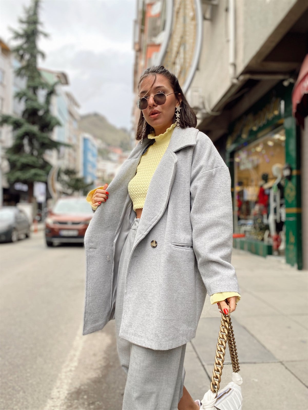 Gri Cepli Oversize Kaşe Kaban