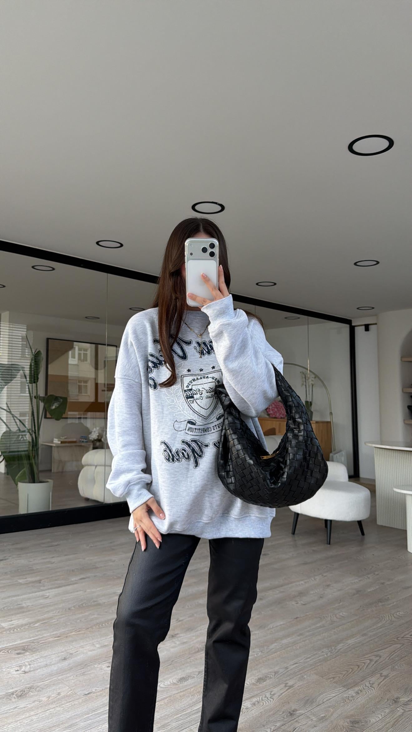 Gri Hudson Valley Baskılı Oversize Sweat