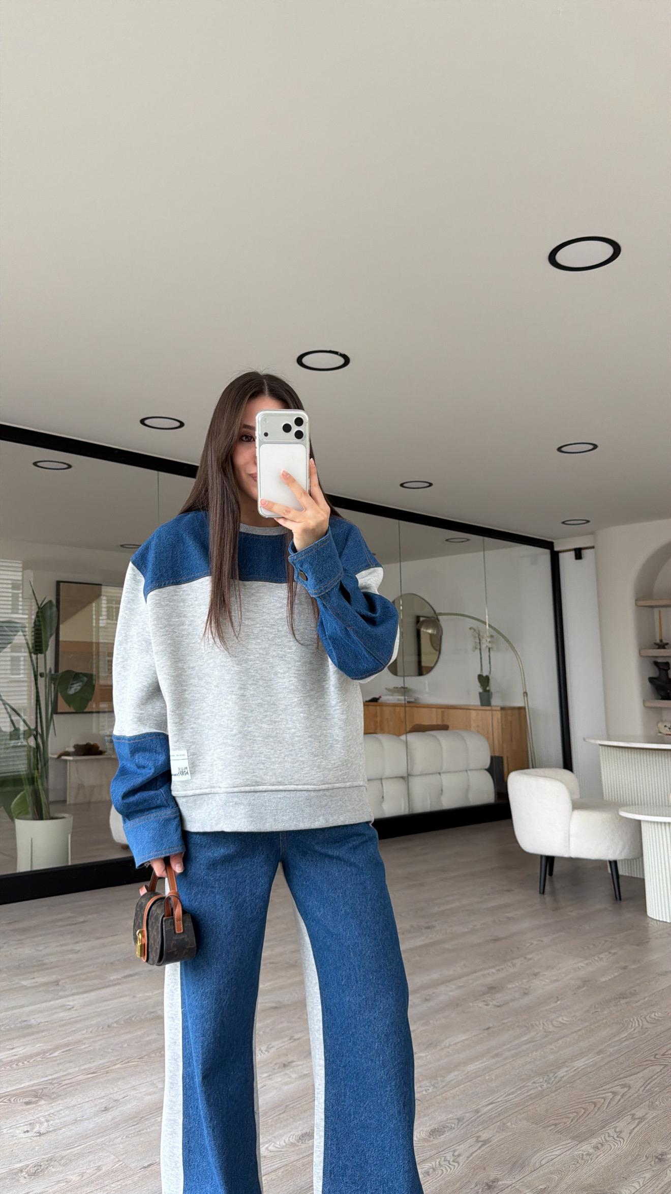 Gri Jean Detaylı Şardonlu Sweat