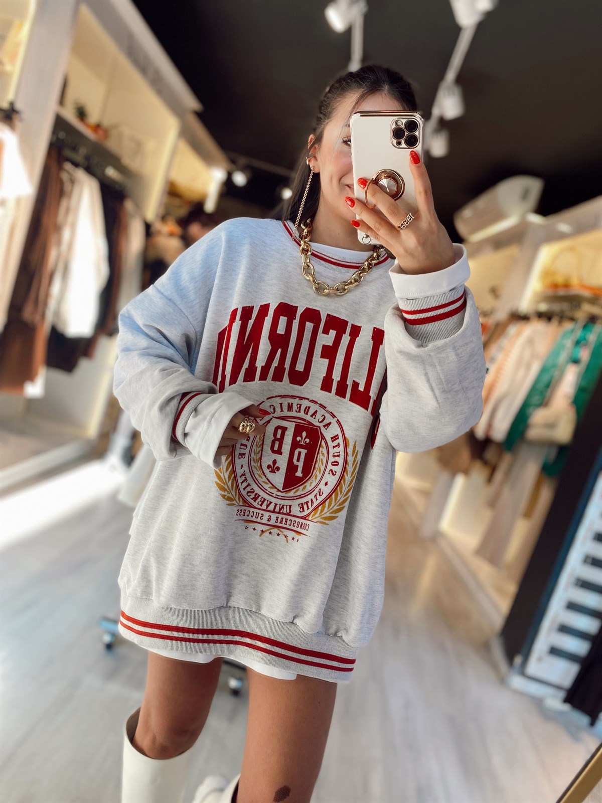 Gri Kırmızı California Yazılı Sweat