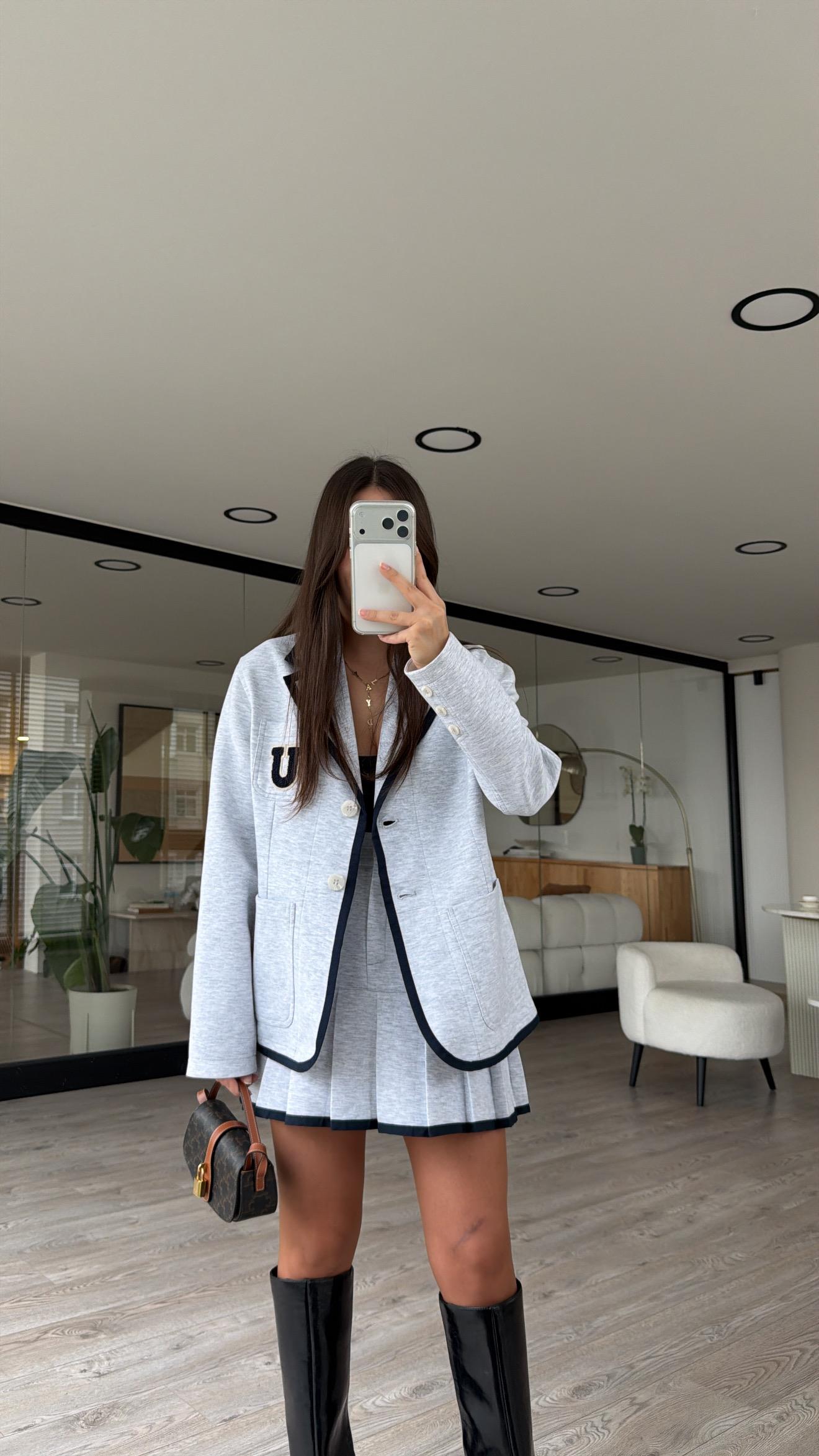Gri Lacivert Biyeli Nakışlı Blazer Ceket 