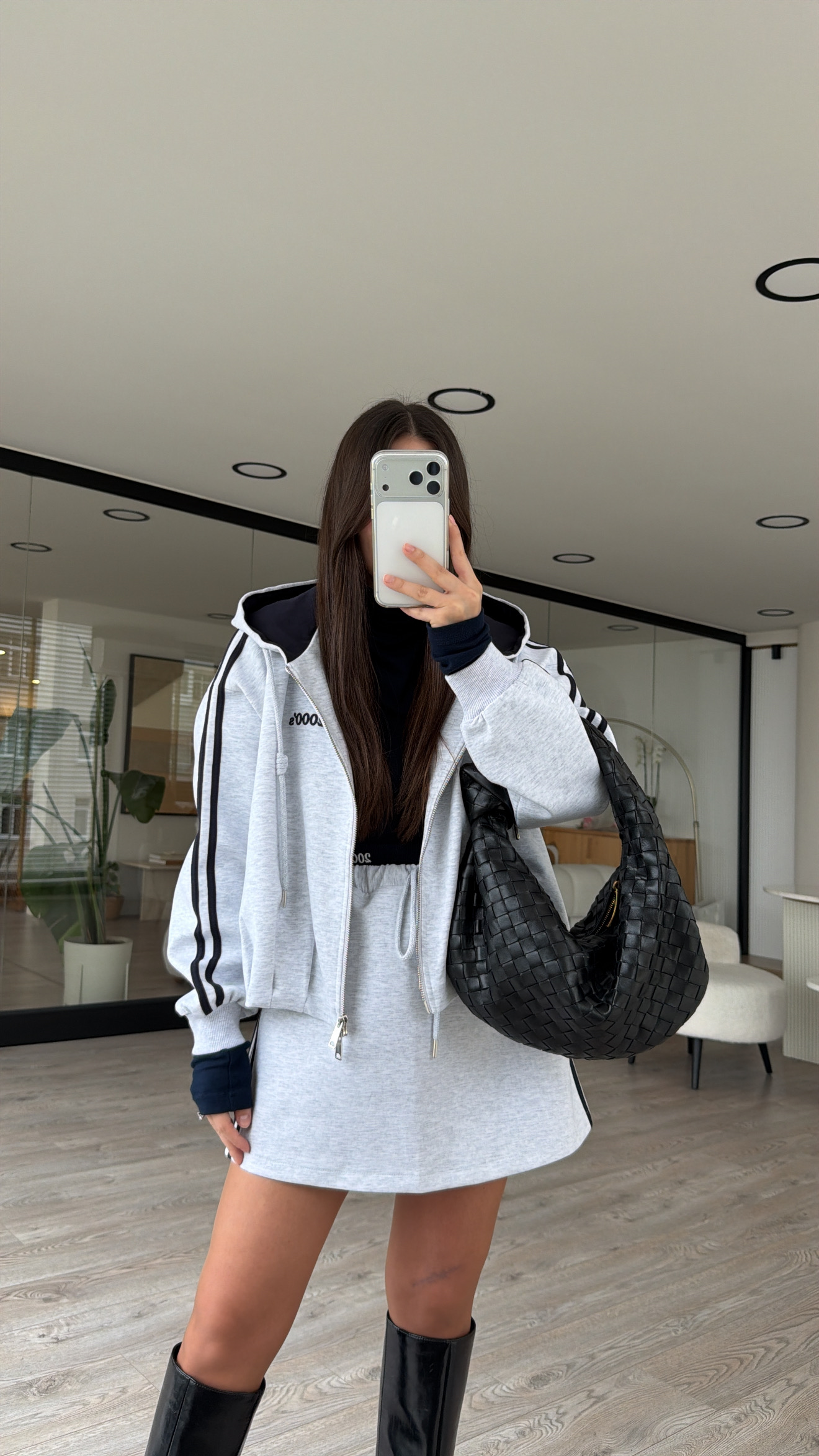 Gri Lacivert Şerit Detaylı Fermuarlı Sweatshirt